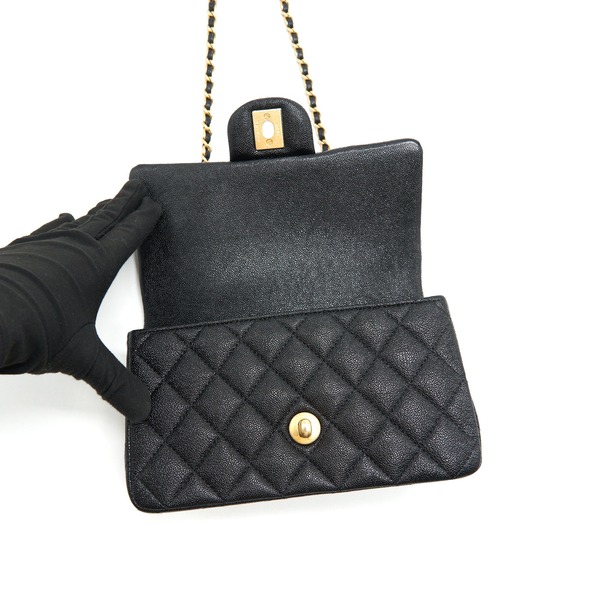 CHANEL RECTANGULAR MINI TOP HANDLE FLAP BAG GRANIED CALFSKIN BLACK GHW