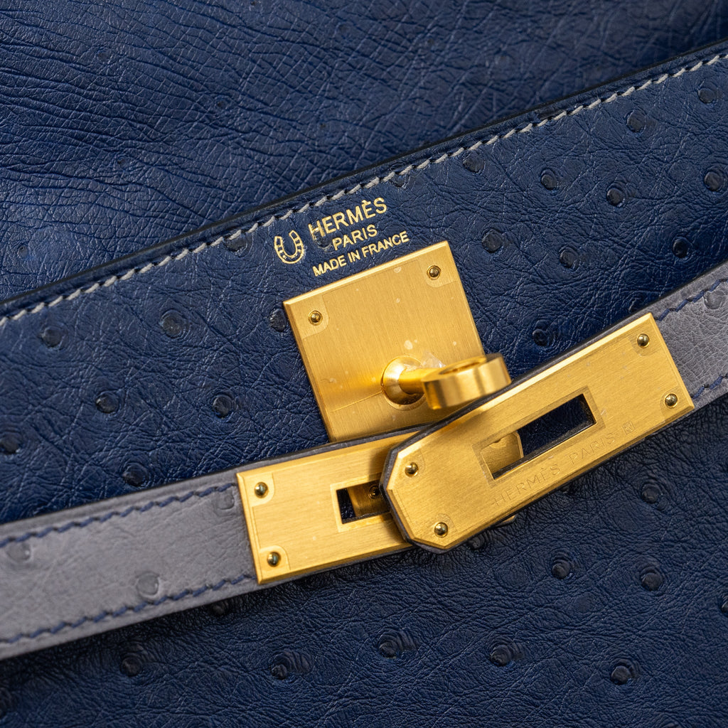 HERMES KELLY 28 OSTRICH BLUE IRIS/ GRIS AGATE GHW