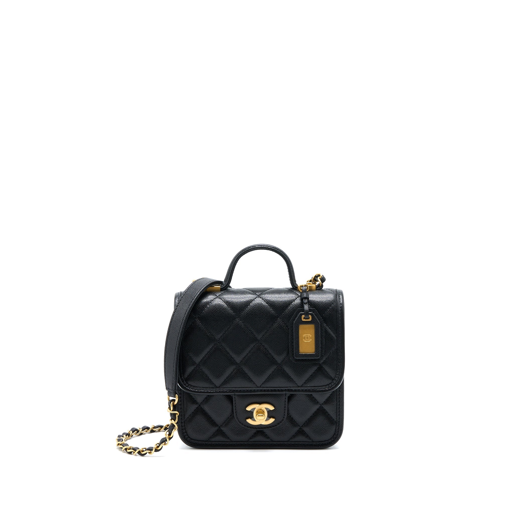 CHANEL 22K TOP HANDLE MESSENGER BAG CAVIAR BLACK BRUSHED GHW(MICROCHIP)