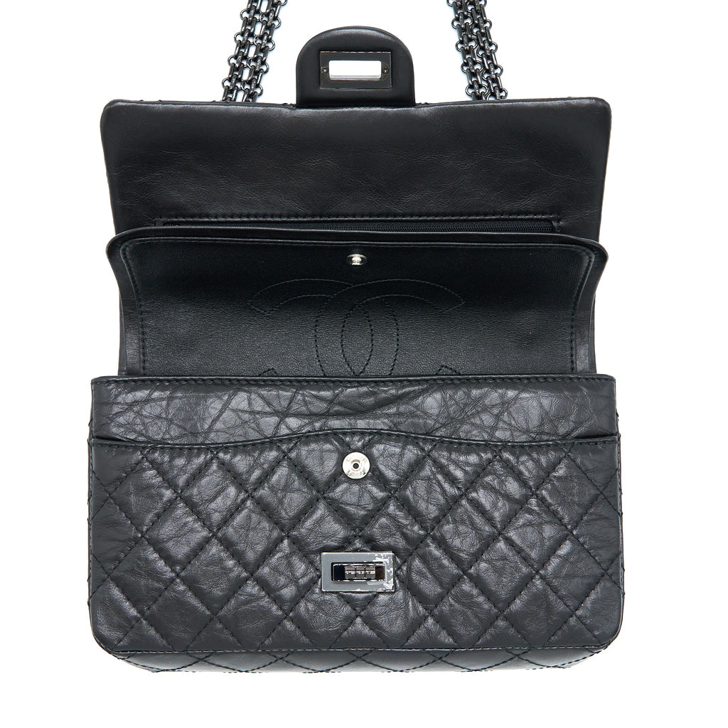 CHANEL SMALL 2.55 REISSUE FLAP BAG AGED CALFSKIN SO BLACK WITH BLACK HARDWARE (MICROCHIP)