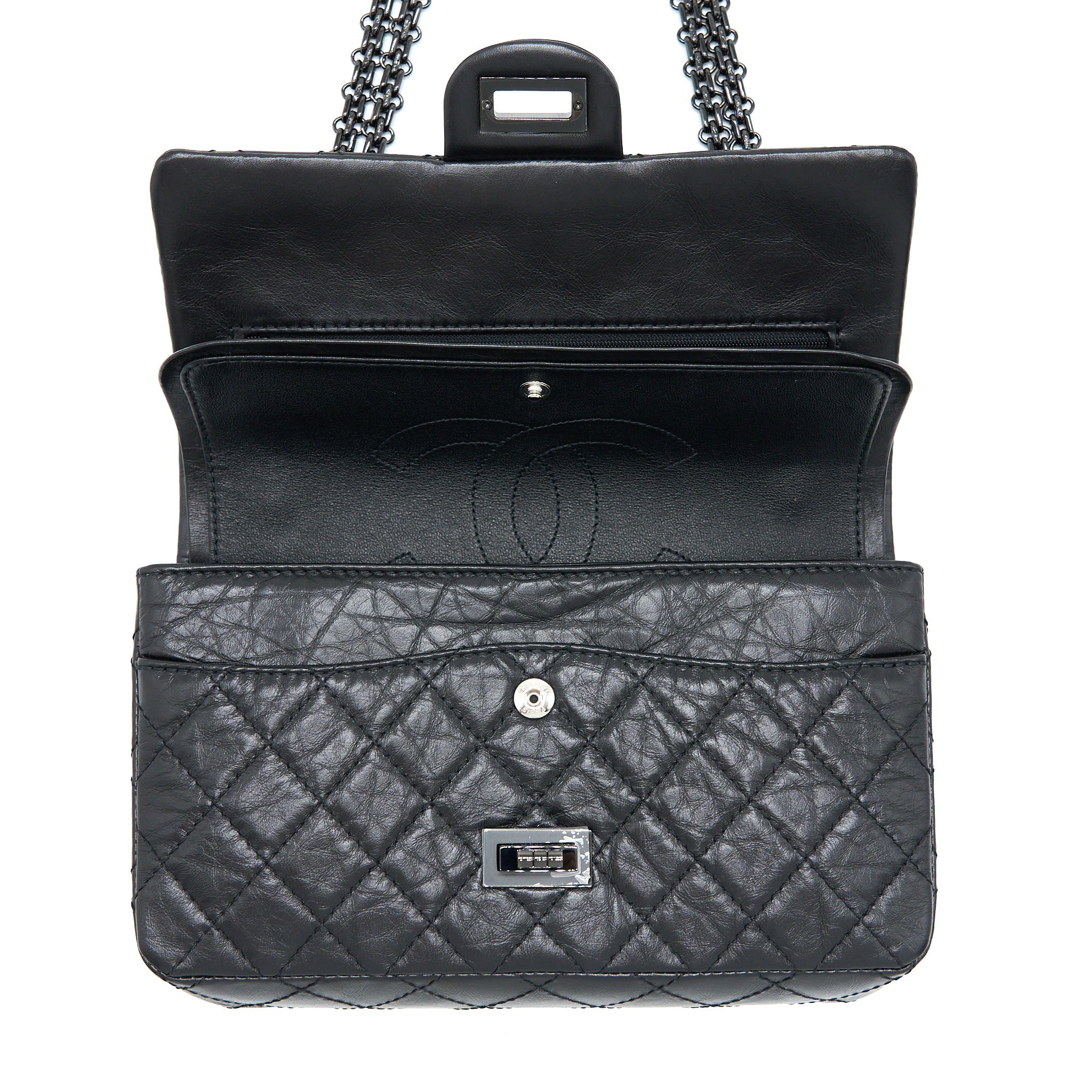 CHANEL SMALL 2.55 REISSUE FLAP BAG AGED CALFSKIN SO BLACK WITH BLACK HARDWARE (MICROCHIP)