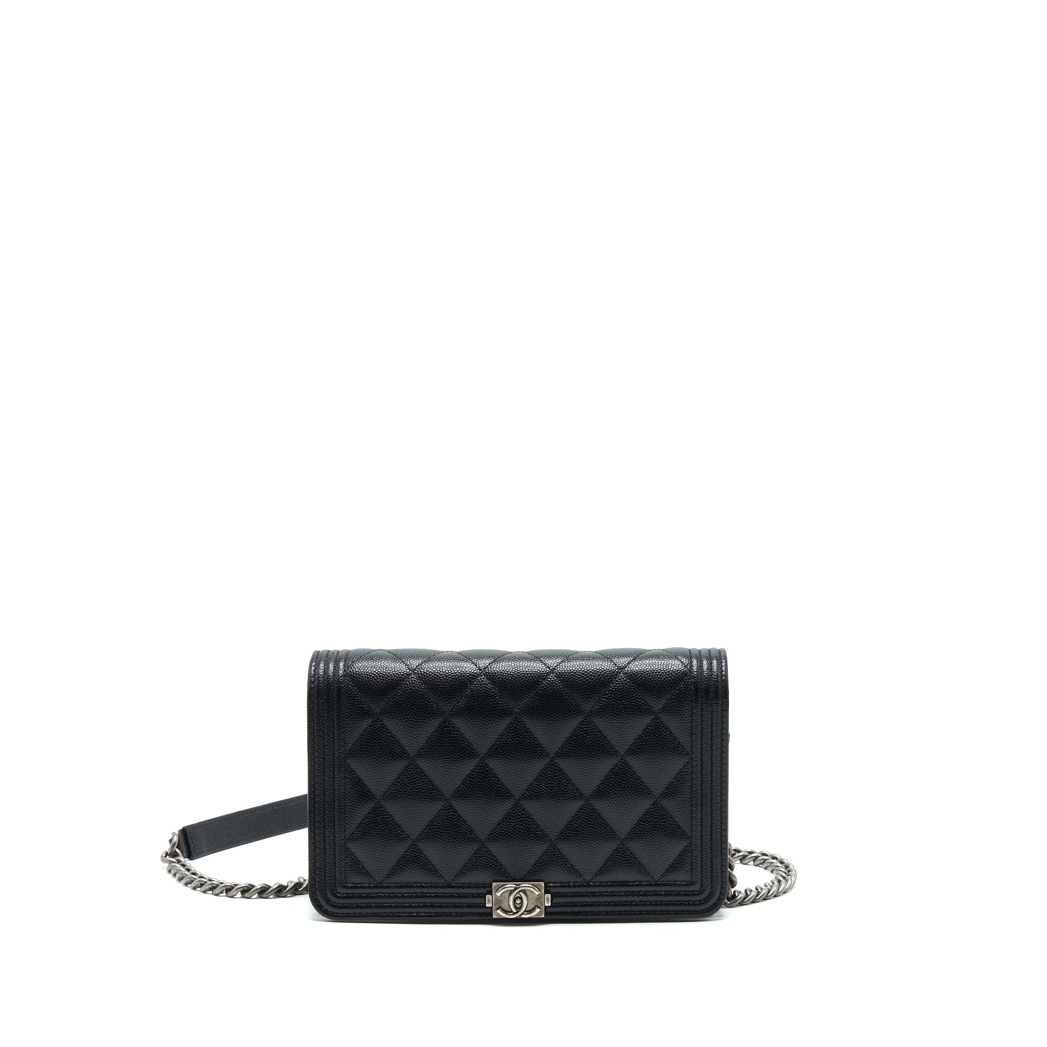 CHANEL BOY WALLET ON CHAIN CAVIAR BLACK RUTHENIUM HARDWARE (MICROCHIP)
