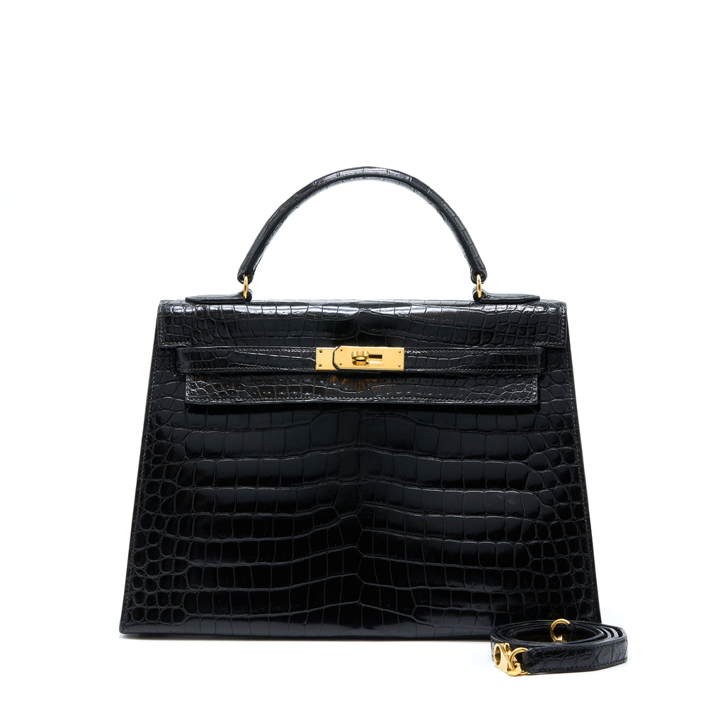 HERMES VINTAGE KELLY 32 SHINY CROCODILE POROSUS BLACK GHW