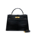 HERMES VINTAGE KELLY 32 SHINY CROCODILE POROSUS BLACK GHW