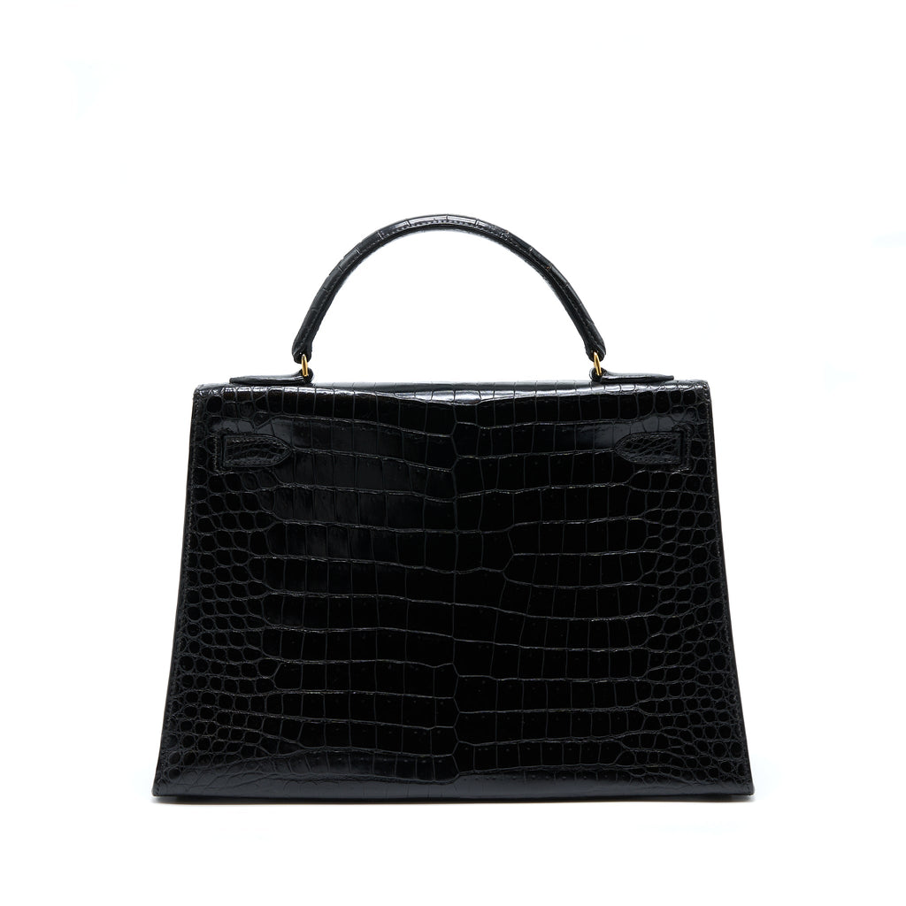 HERMES VINTAGE KELLY 32 SHINY CROCODILE POROSUS BLACK GHW