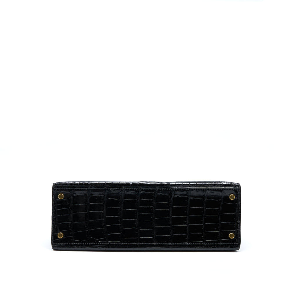 HERMES VINTAGE KELLY 32 SHINY CROCODILE POROSUS BLACK GHW