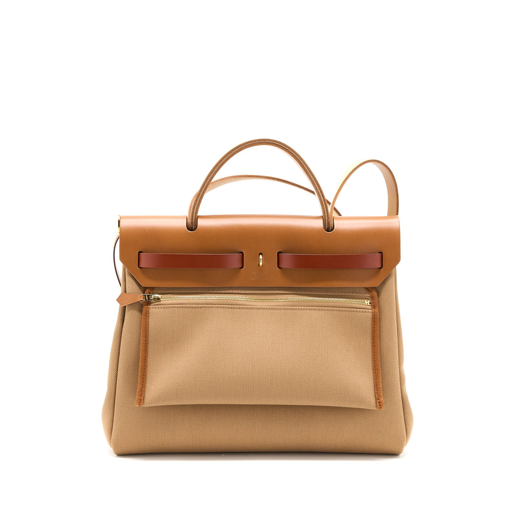 HERMES HERBAG 31 ZIP BAG CANVAS/ HUNTER CHAI/ NATU SABLE/FAUVE/CUIVRE GHW