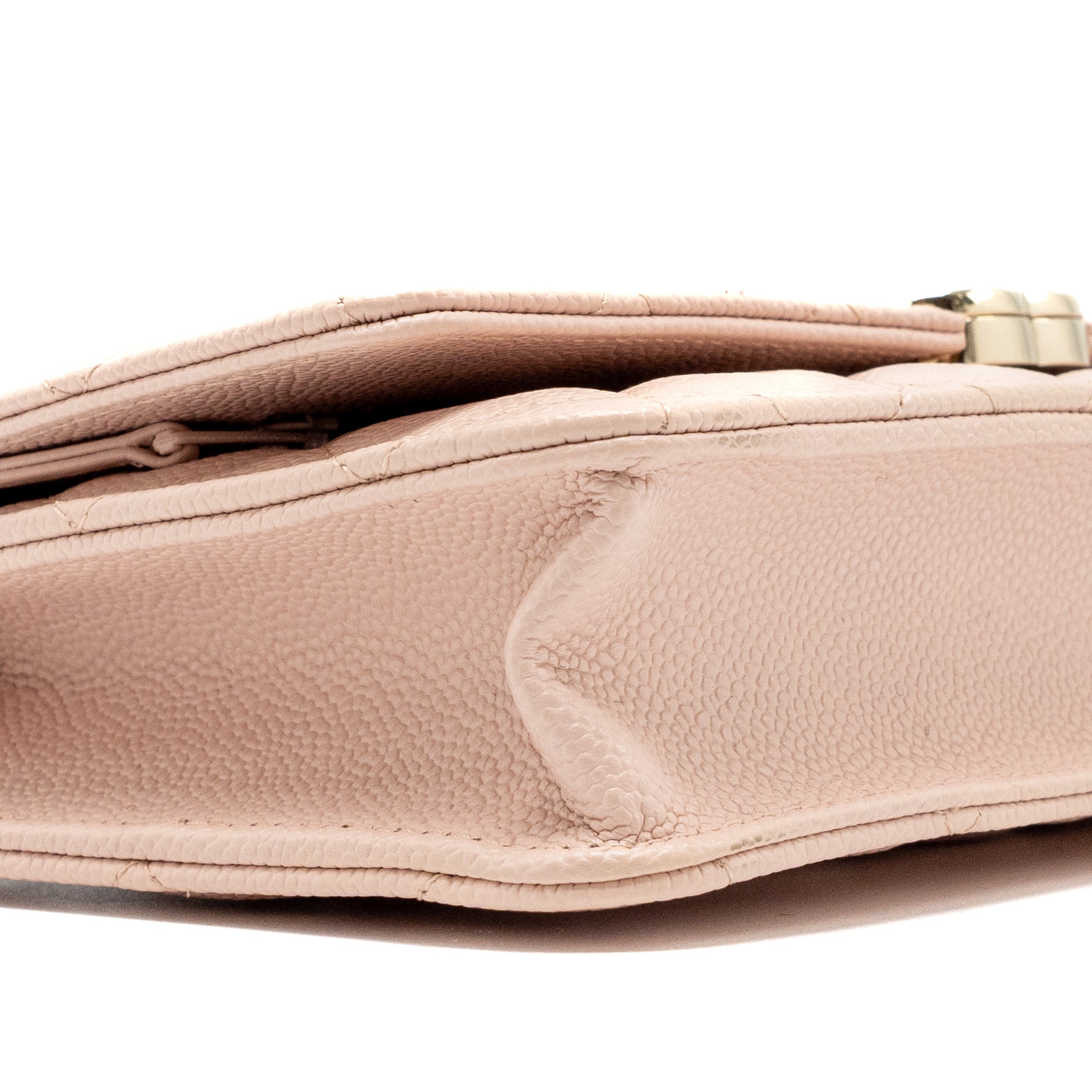 CHANEL ENAMEL LOGO QUILTED WALLET ON CHAIN CAVIAR LIGHT PINK LGHW