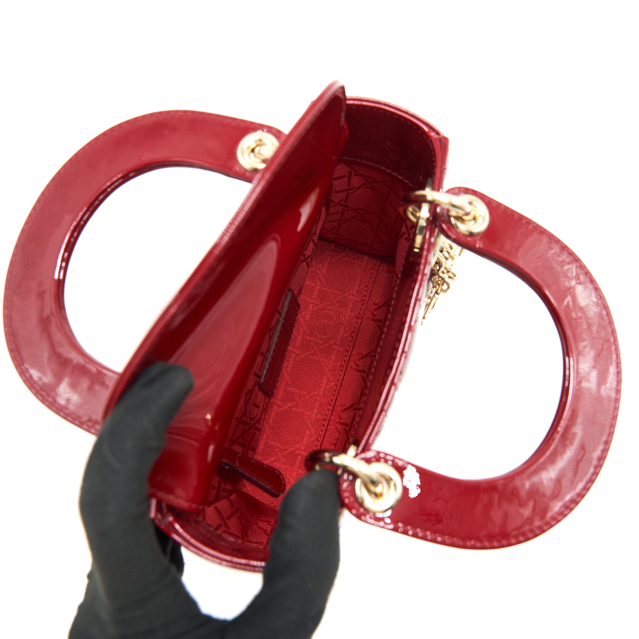 DIOR MINI LADY DIOR PATENT LEATHER RED WITH LGHW