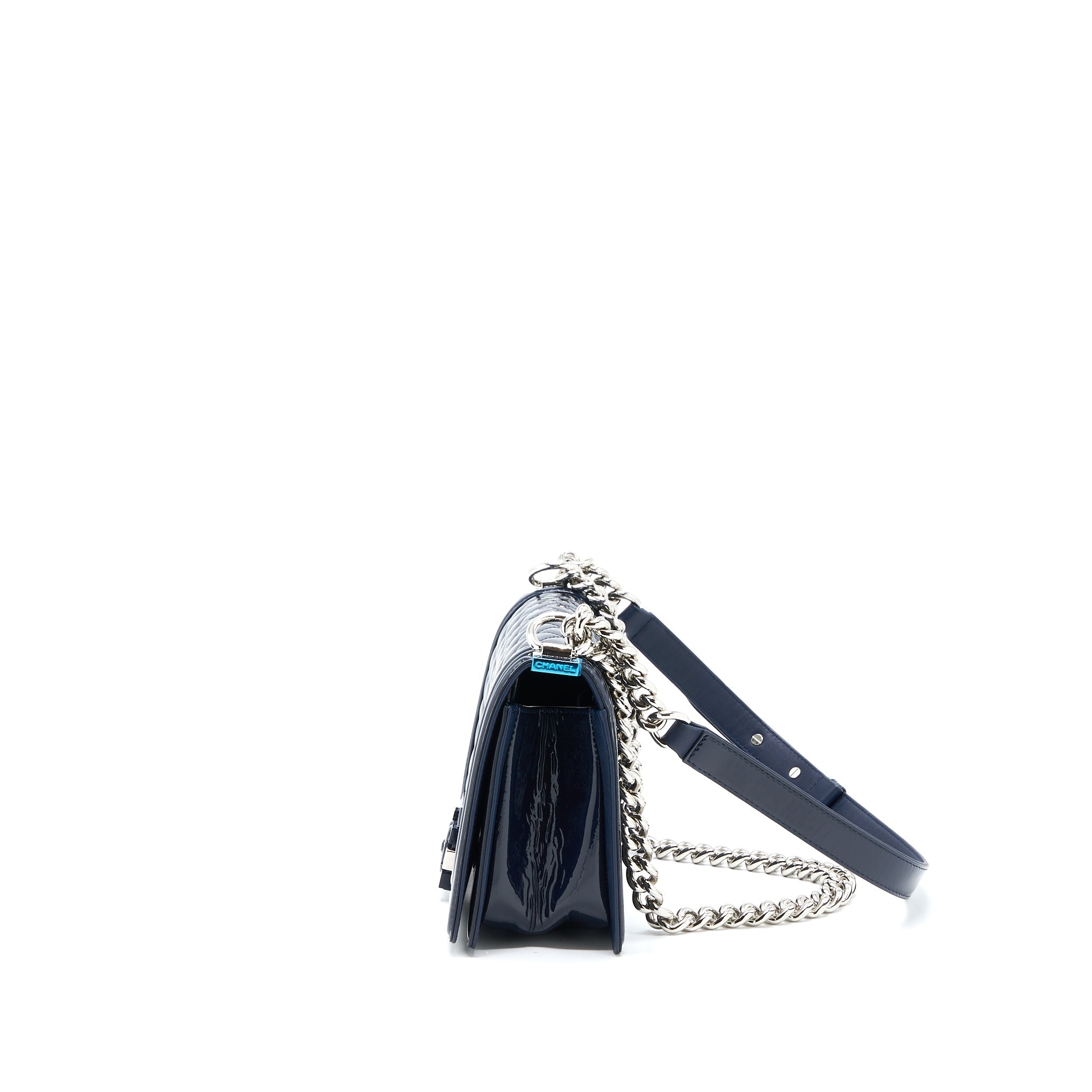 CHANEL MEDIUM BOY BAG PATENT NAVY SHW