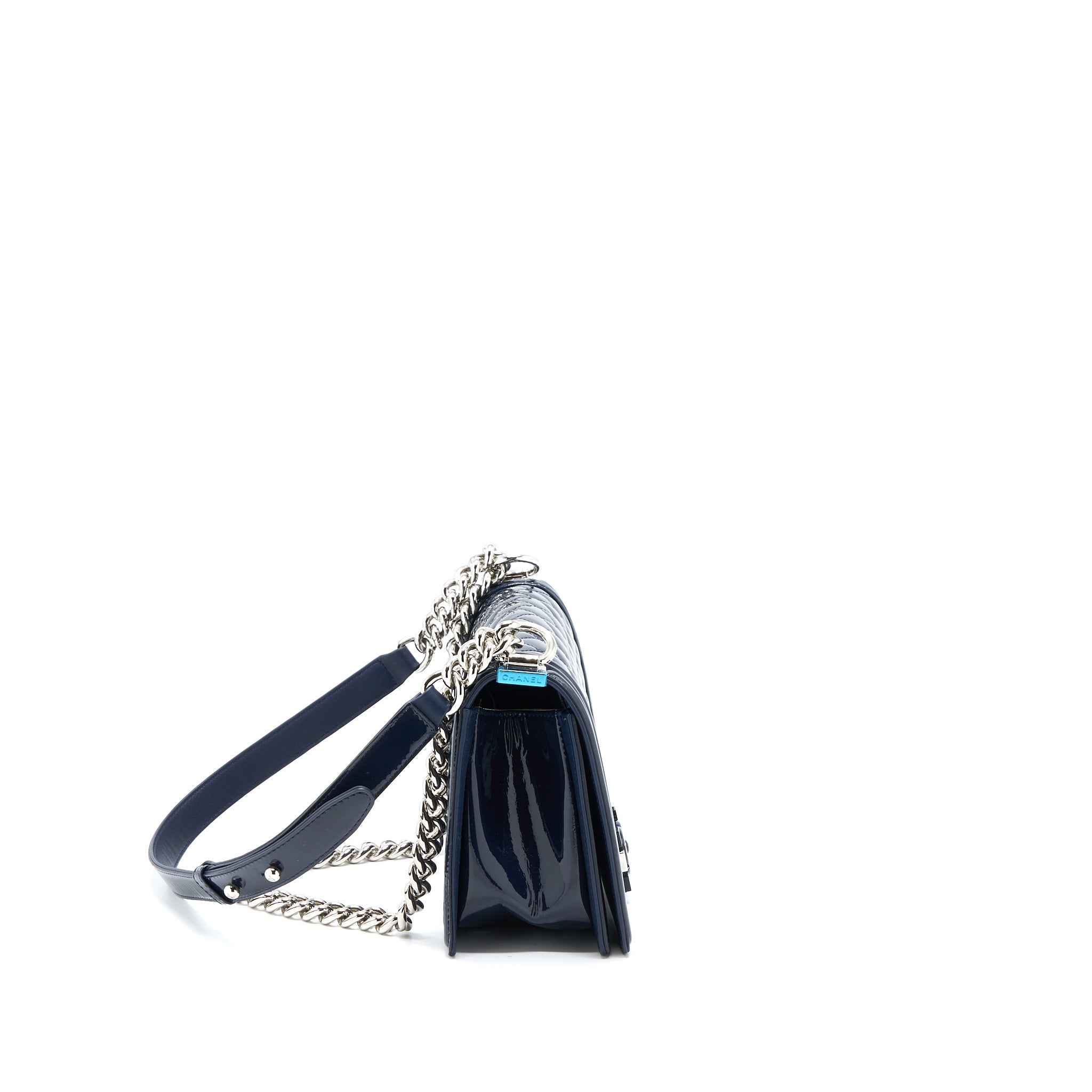 CHANEL MEDIUM BOY BAG PATENT NAVY SHW