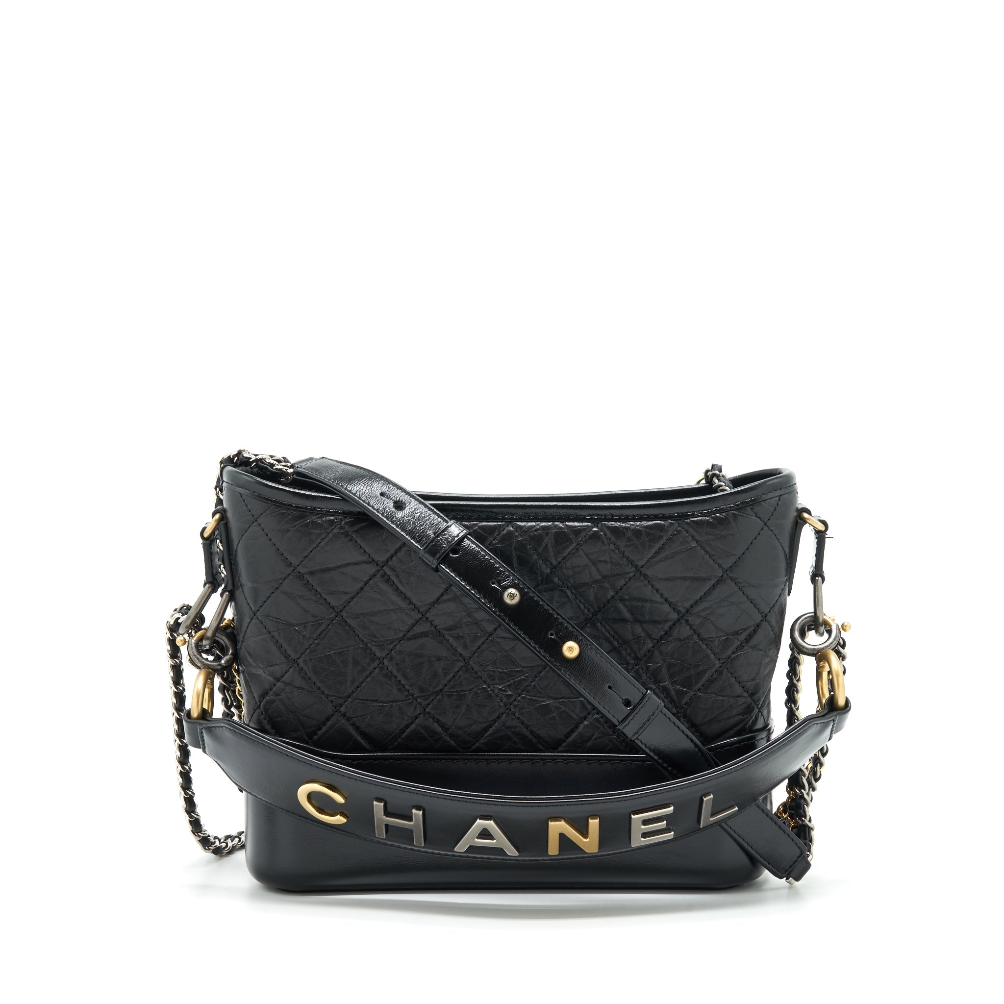 CHANEL GABRIELLE HOBO BAG WITH HANDLE NEW MEDIUM CALFSKIN BLACK WITH GOLD/SLIVER HARDWARE