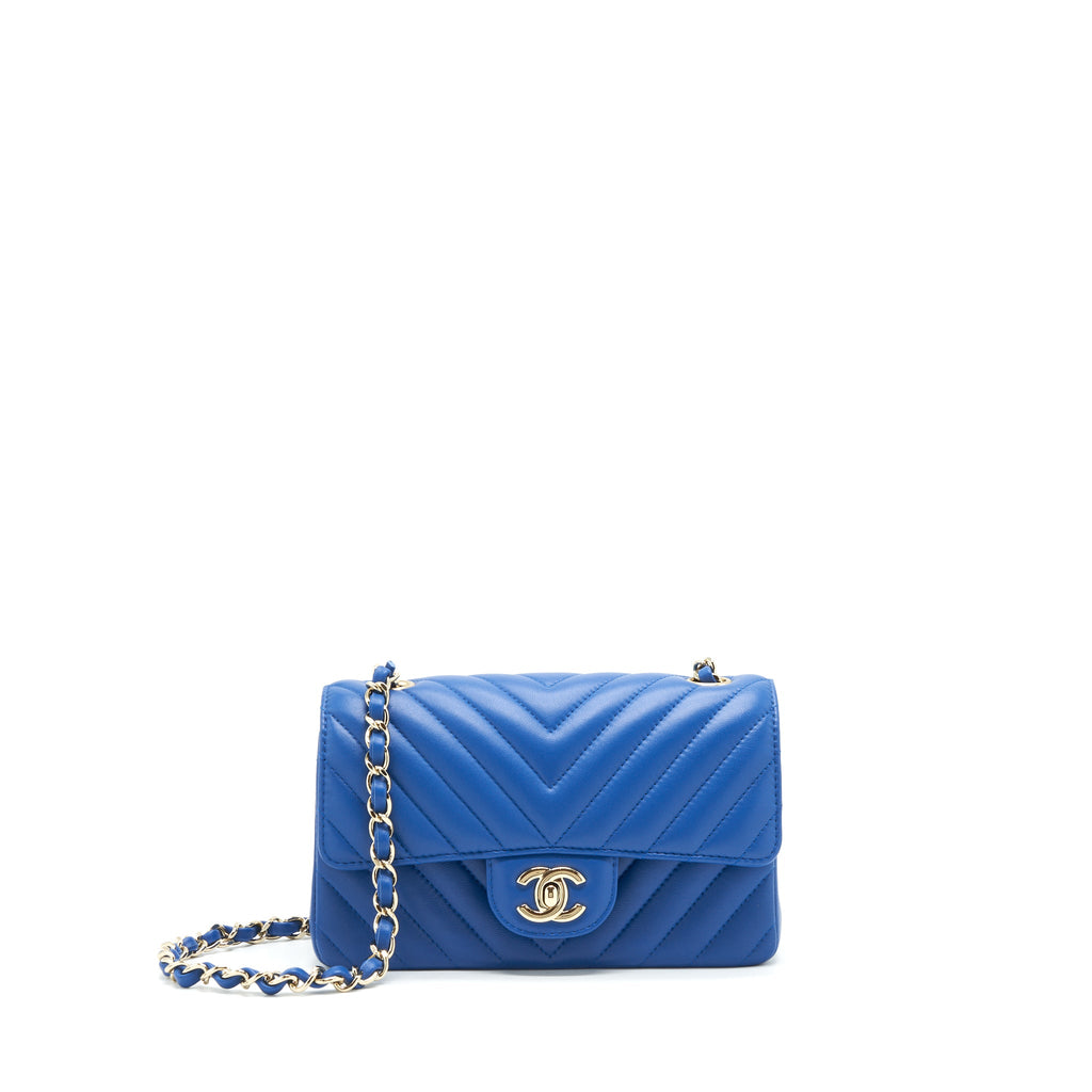 CHANEL MINI RECTANGULAR FLAP BAG CHEVRON LAMBSKIN BLUE LGHW