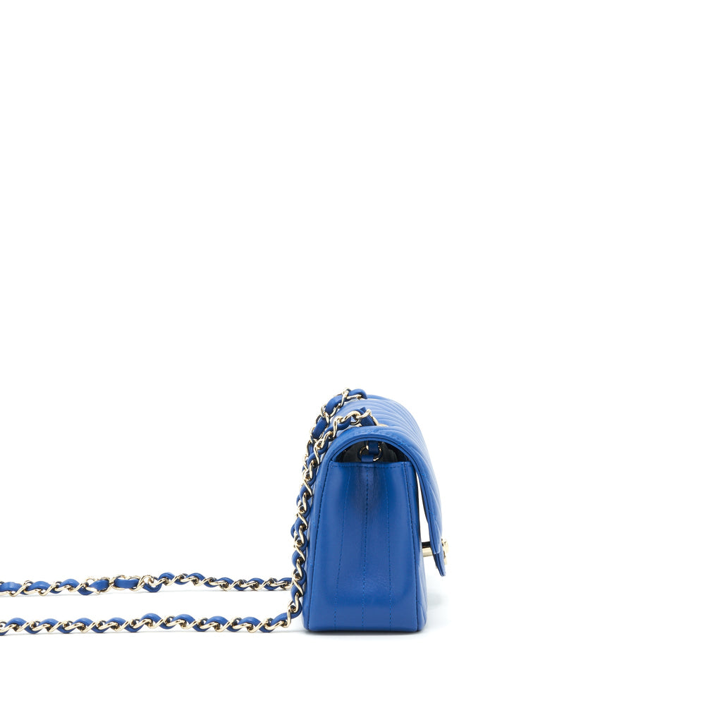 CHANEL MINI RECTANGULAR FLAP BAG CHEVRON LAMBSKIN BLUE LGHW