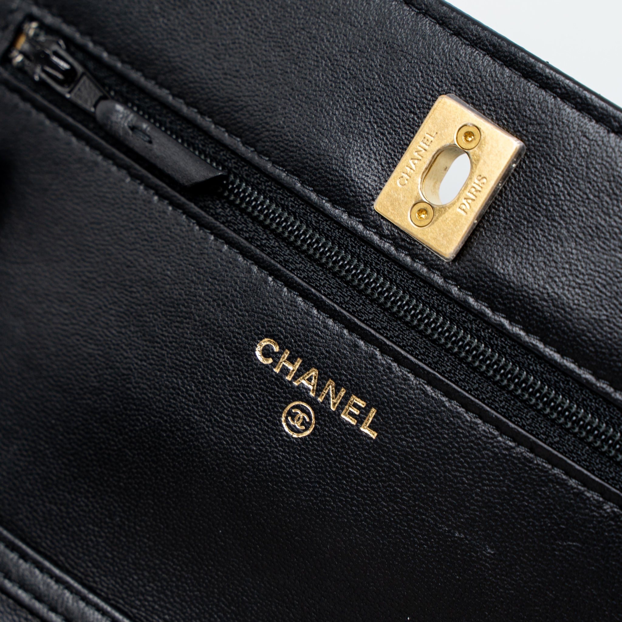 CHANEL PEARL CRUSH WALLET ON CHAIN LAMBSKIN BLACK BRUSHED GHW (MICROCHIP)