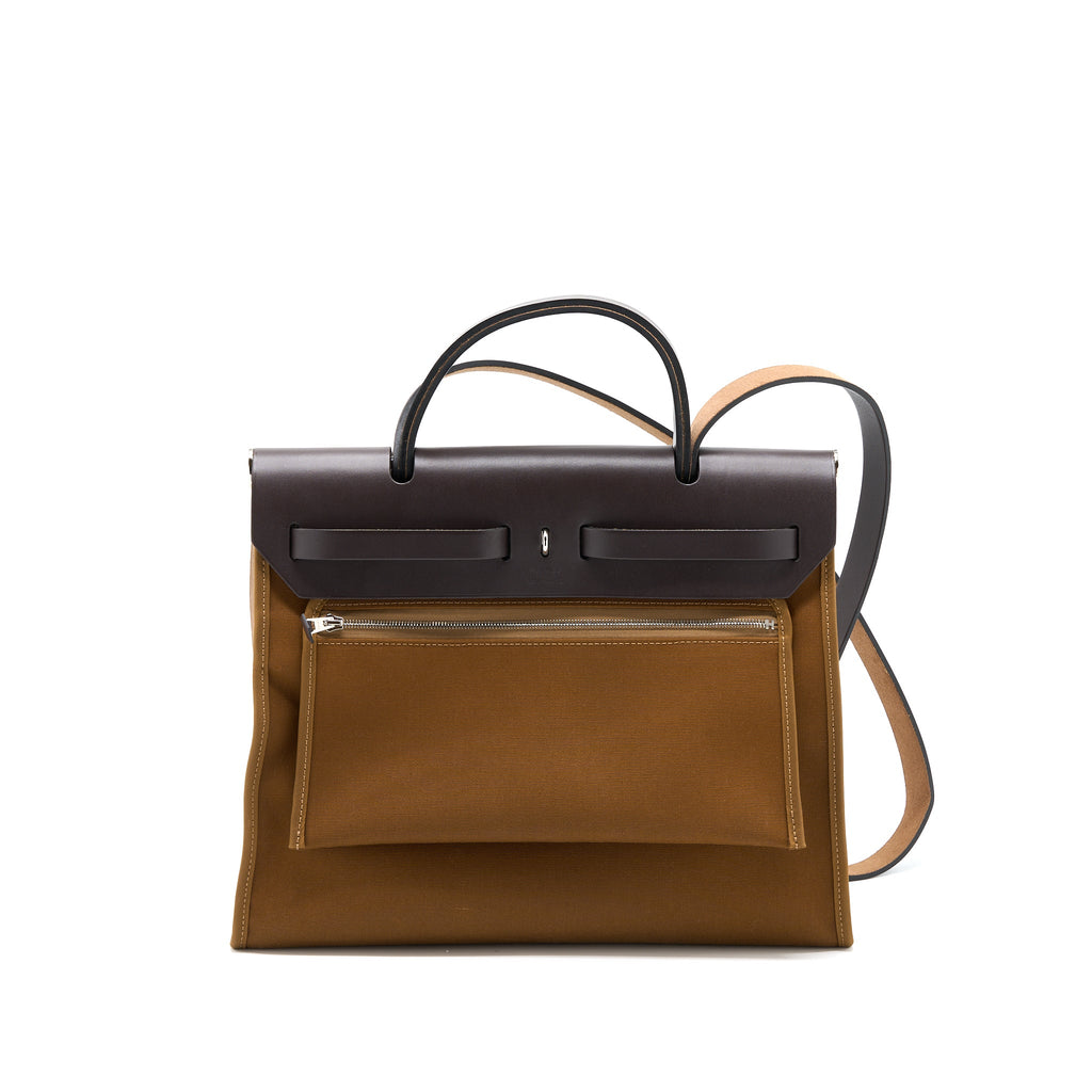 HERMES HERBAG 31 ZIP BAG CANVAS/HUNTER ALEZAN/EBENE SHW