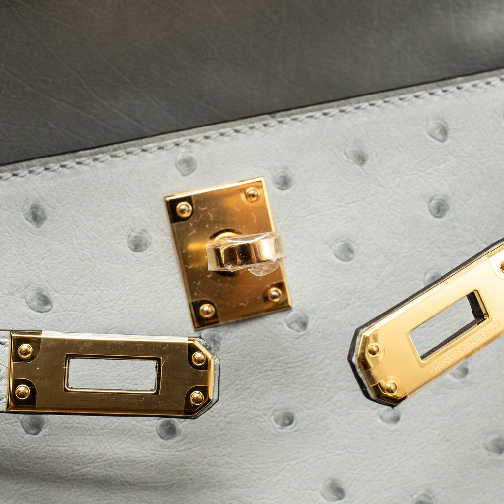 HERMES KELLY POCHETTE OSTRICH BLEU GLACIER GHW