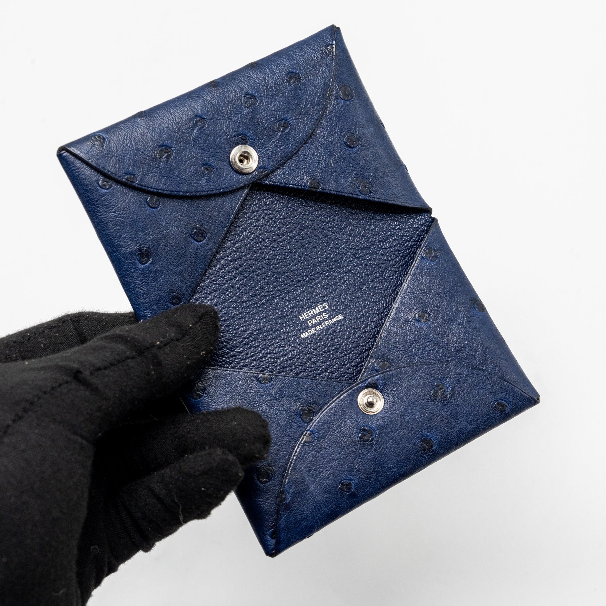 HERMES CALVI CARDHOLDER OSTRICH NAVY SHW