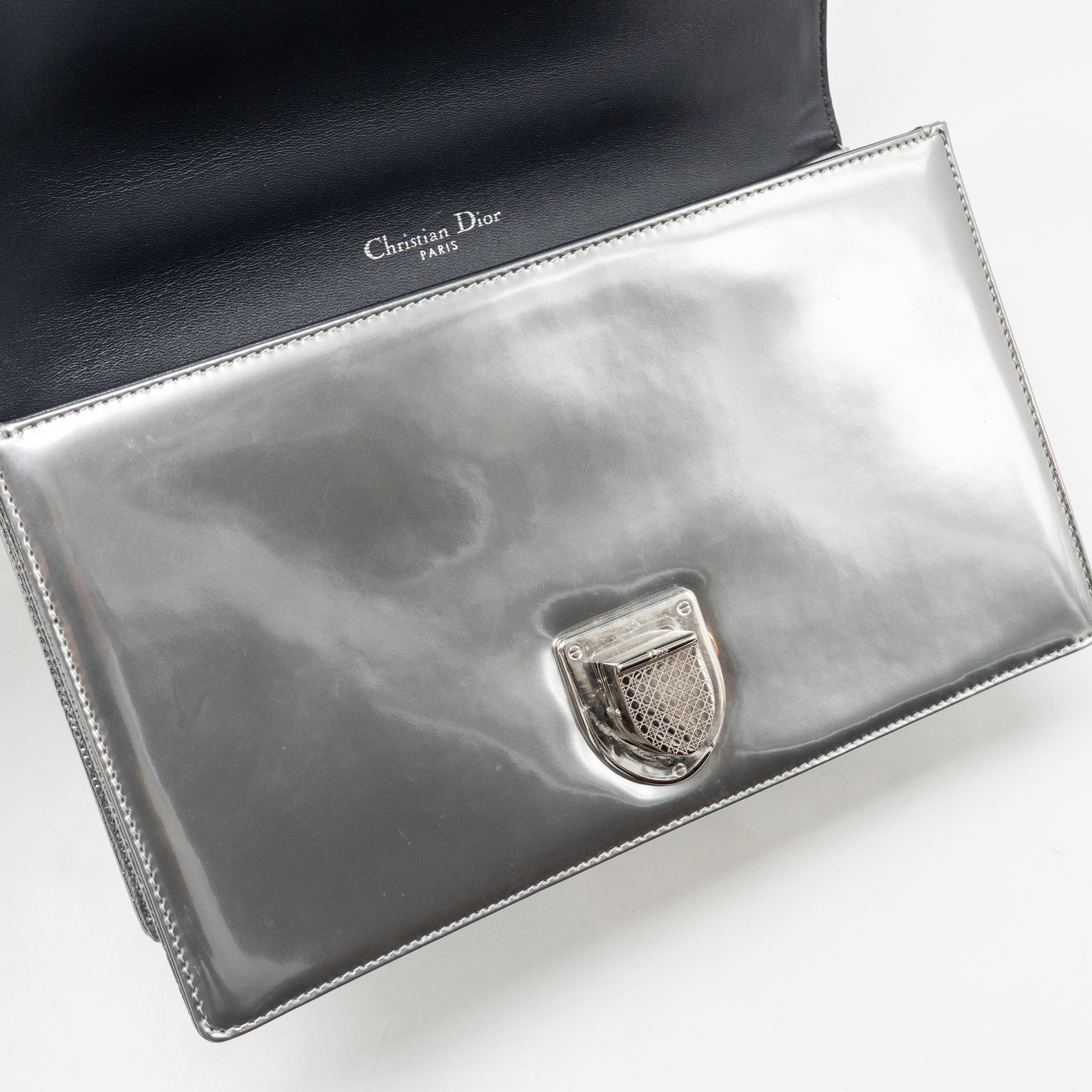 DIOR DIORAMA FLAP BAG PATENT MICRO-CANNAGE LEATHER METALLIC SILVER SHW