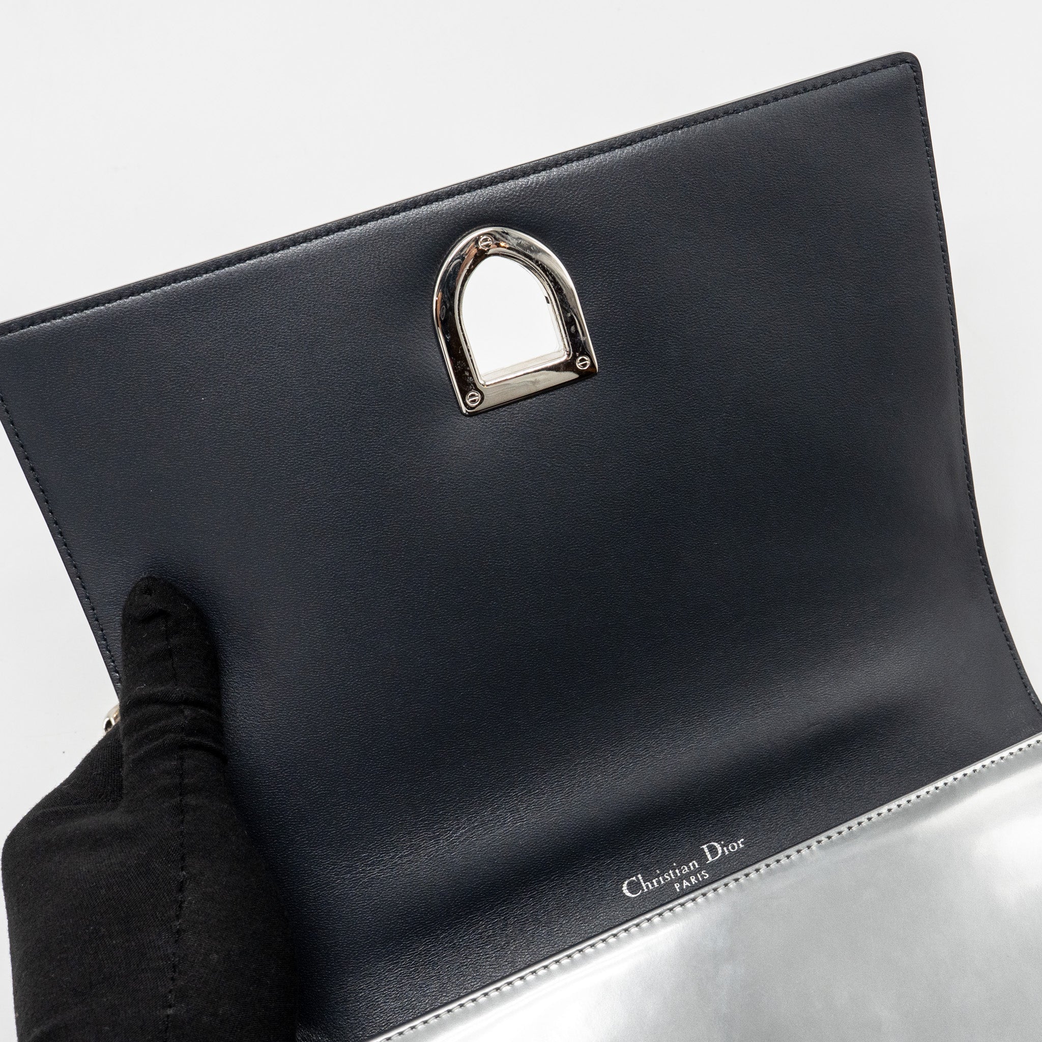 DIOR DIORAMA FLAP BAG PATENT MICRO-CANNAGE LEATHER METALLIC SILVER SHW