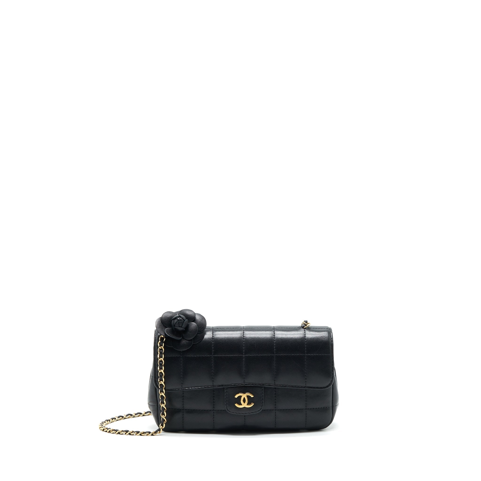 CHANEL CAMELLIA MINI FLAP SHOULDER BAG LAMBSKIN BLACK GHW