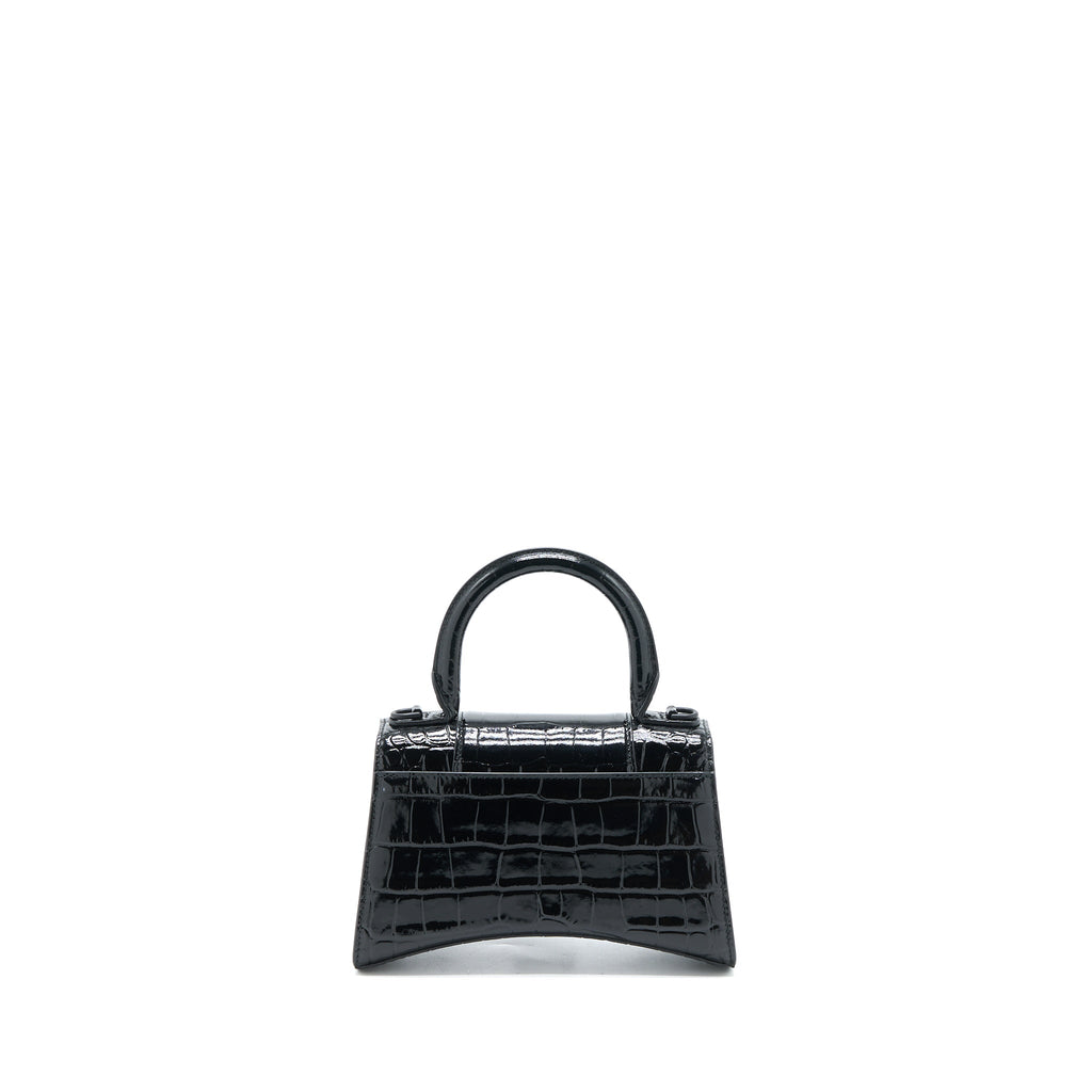 BALENCIAGA HOURGLASS XS CROC-EMBOSSED LEATHER BLACK WITH BLACK HARDWARE