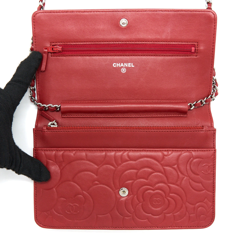 CHANEL CAMELLIA WALLET ON CHAIN LAMBSKIN RED SHW