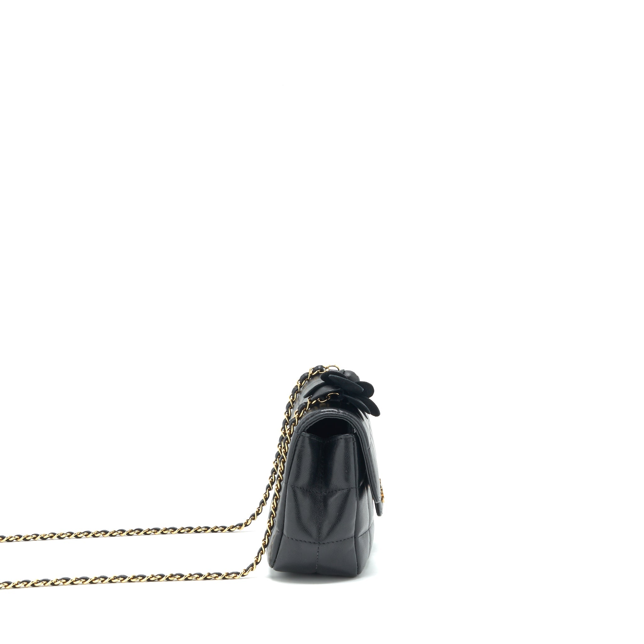 CHANEL CAMELLIA MINI FLAP SHOULDER BAG LAMBSKIN BLACK GHW