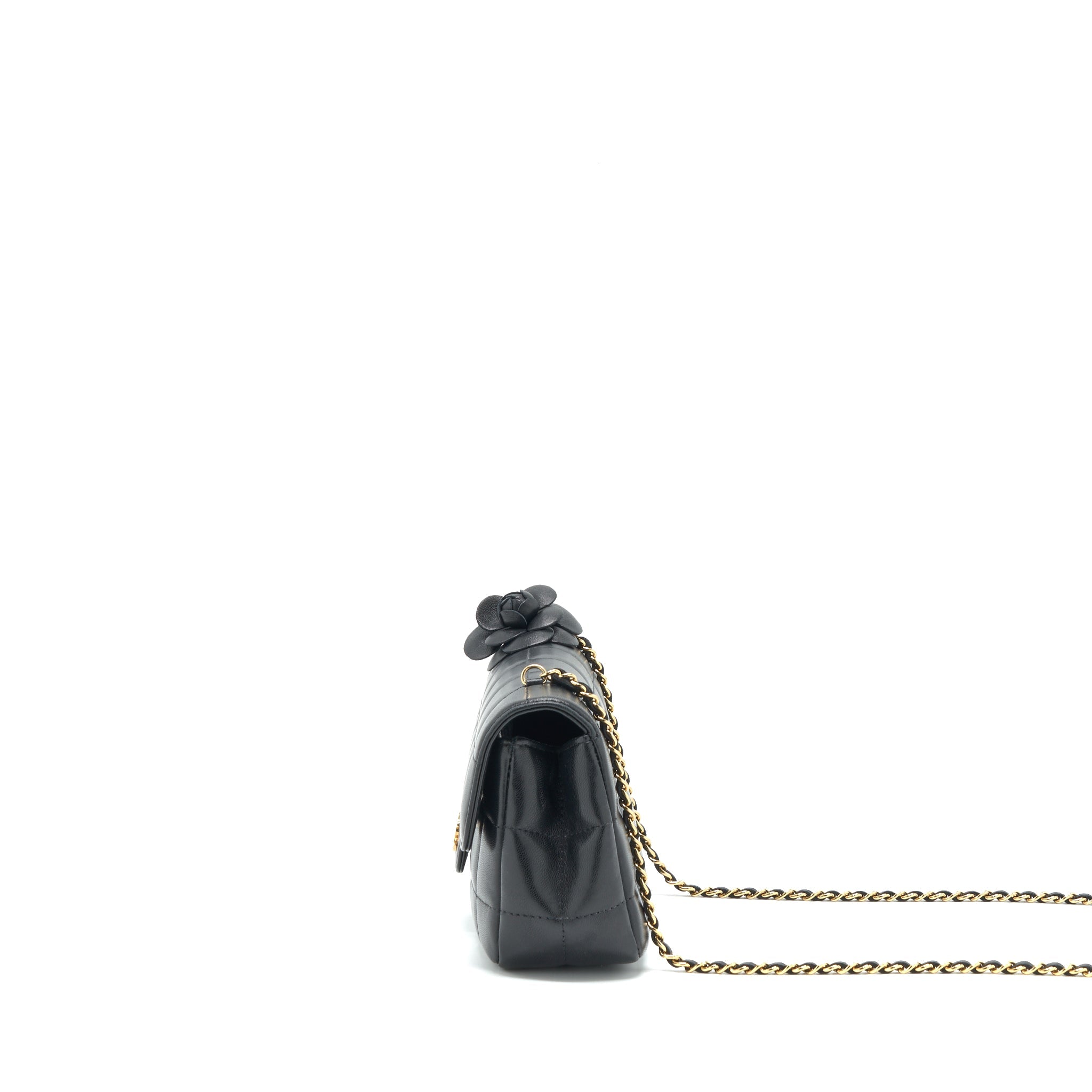 CHANEL CAMELLIA MINI FLAP SHOULDER BAG LAMBSKIN BLACK GHW