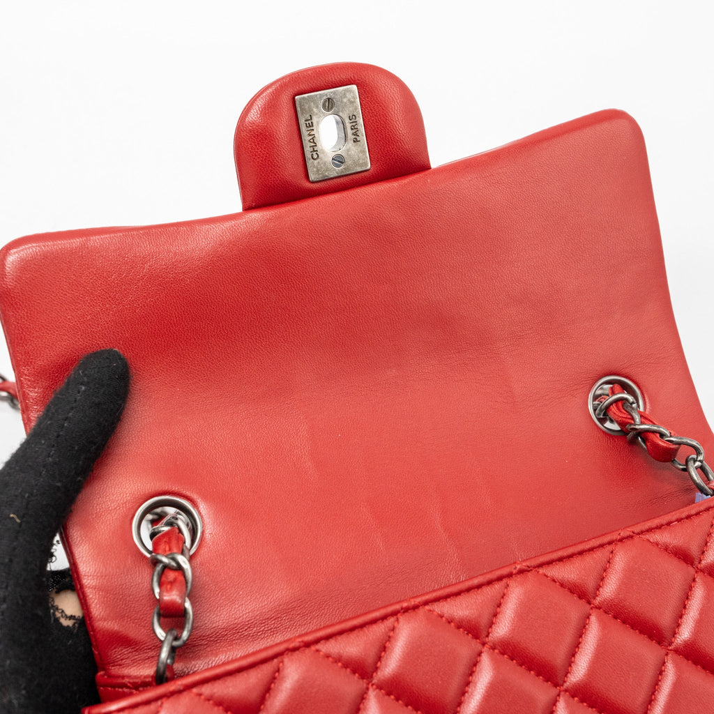 CHANEL CLASSIC MINI RECTANGULAR FLAP BAG LAMBSKIN RED RUTHENIUM HARDWARE