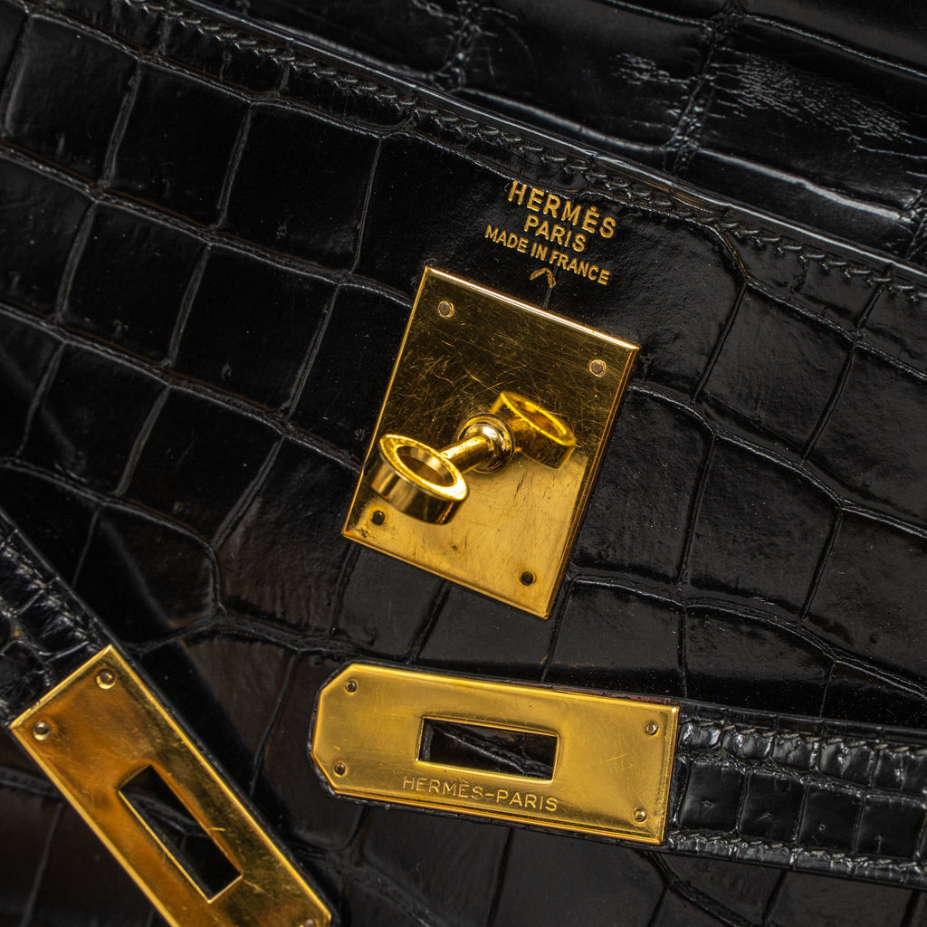 HERMES KELLY 32 SHINY CROCODILE POROSUS BLACK GHW
