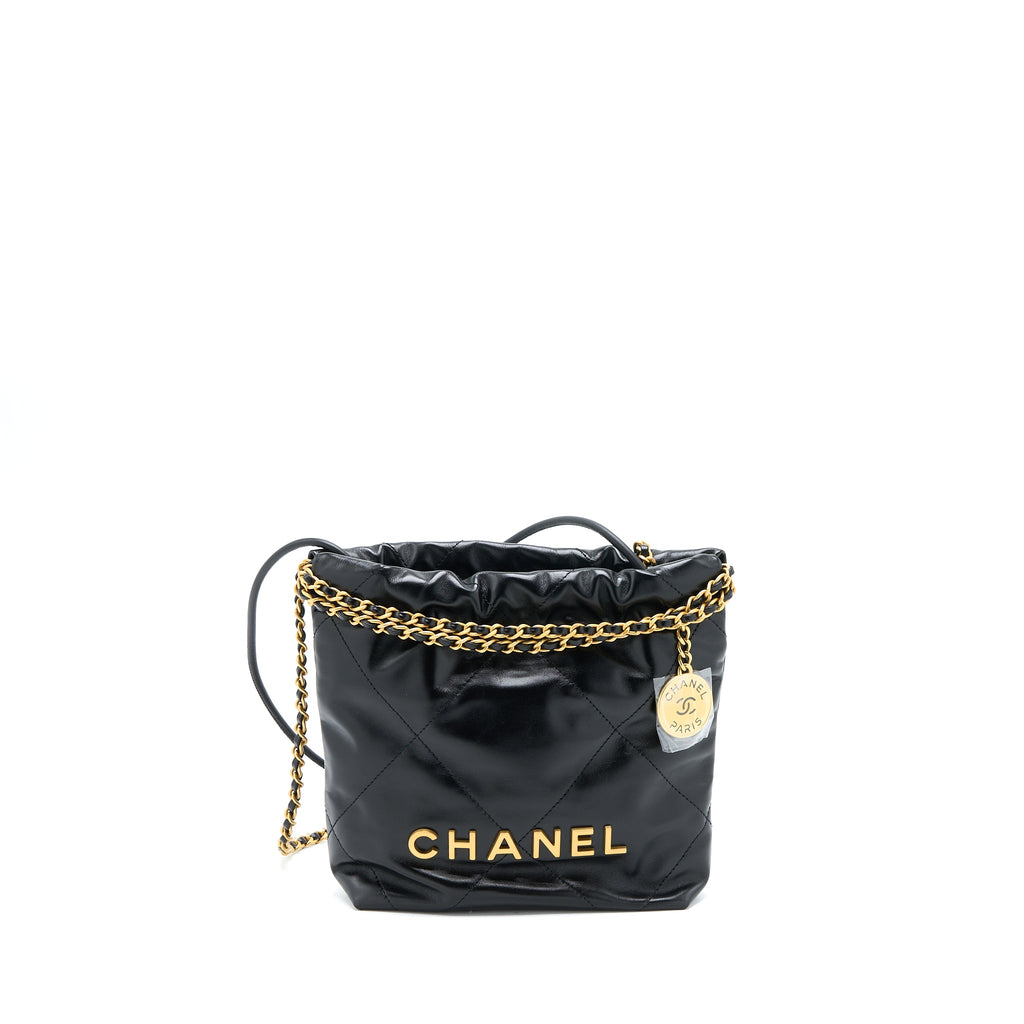 CHANEL 23S MINI 22 BAG SHINY CALFSKIN BLACK BRUSHED GHW(MICROCHIP)