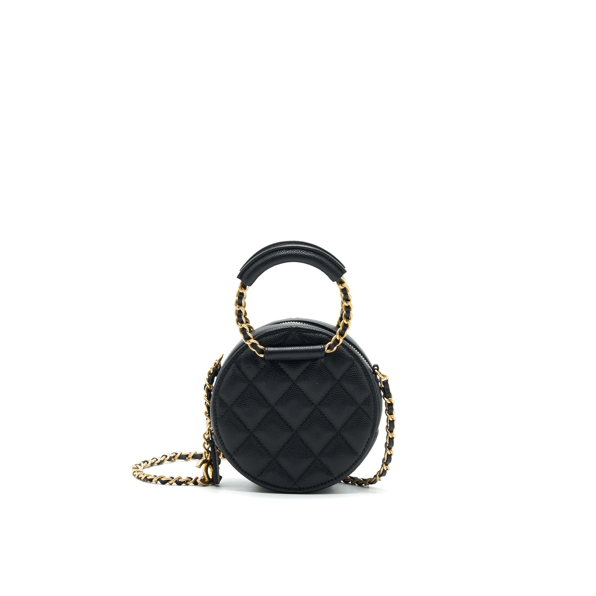 CHANEL TOP HANDLE CAVIAR ROUND CLUTCH WITH CHAIN BLACK GHW