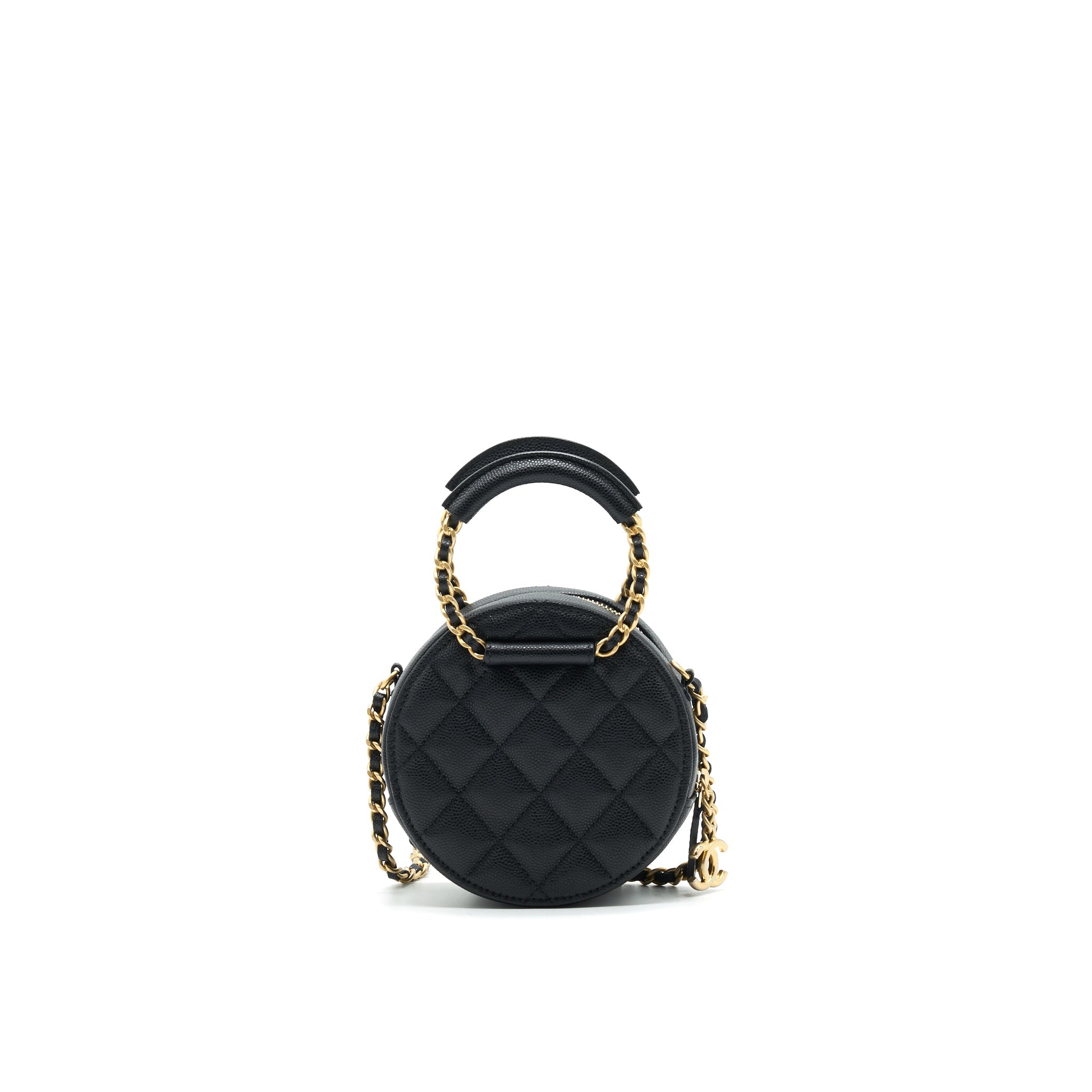 CHANEL TOP HANDLE CAVIAR ROUND CLUTCH WITH CHAIN BLACK GHW