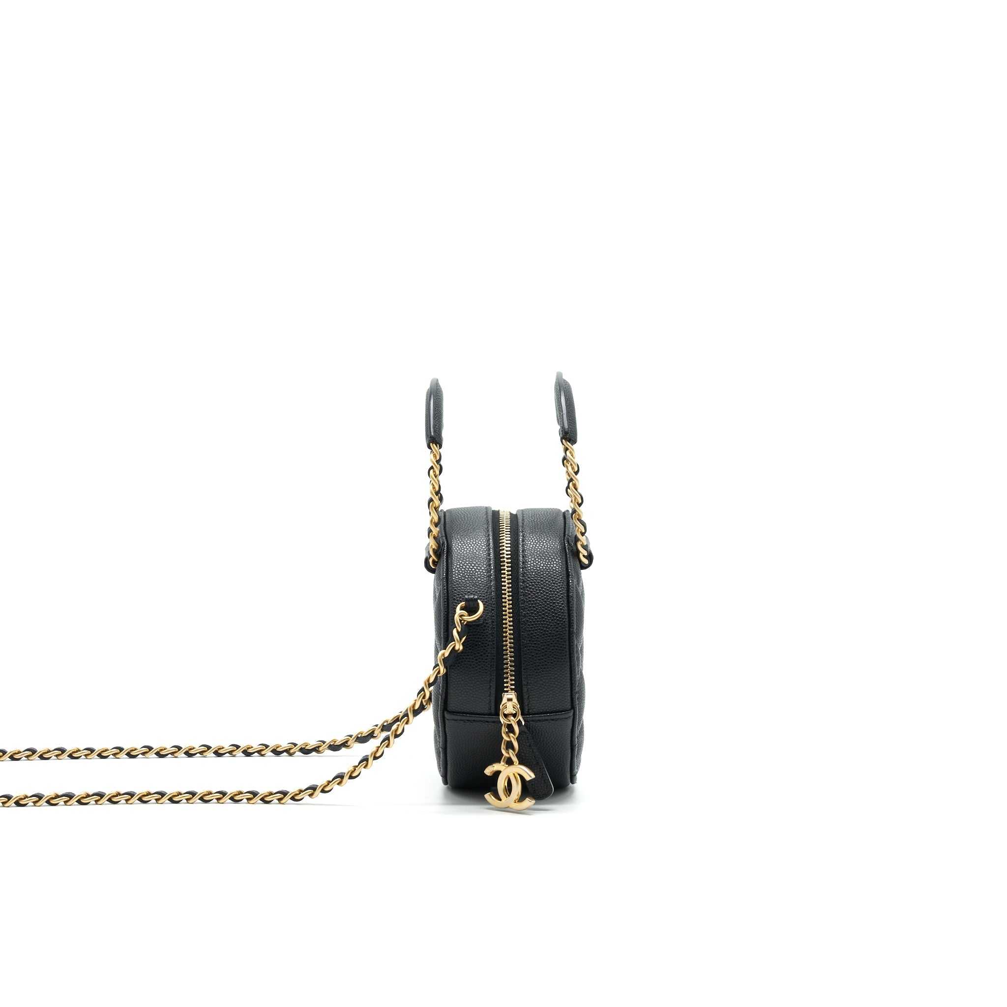 CHANEL TOP HANDLE CAVIAR ROUND CLUTCH WITH CHAIN BLACK GHW