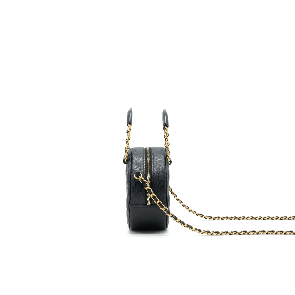 CHANEL TOP HANDLE CAVIAR ROUND CLUTCH WITH CHAIN BLACK GHW