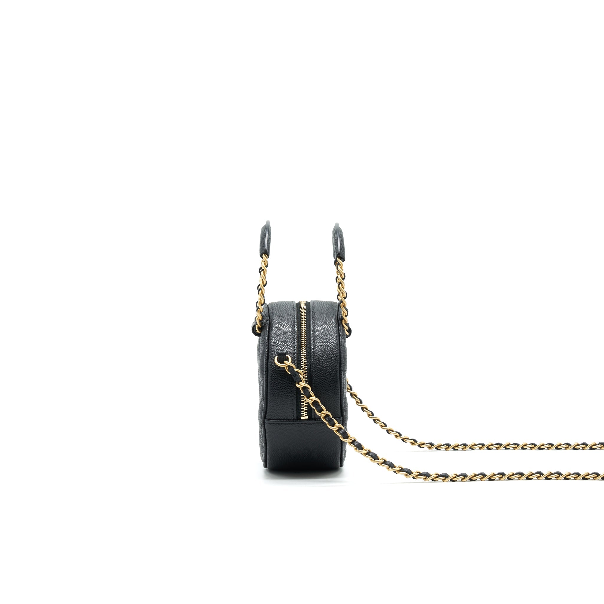 CHANEL TOP HANDLE CAVIAR ROUND CLUTCH WITH CHAIN BLACK GHW
