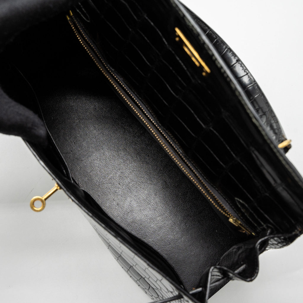 HERMES KELLY 32 SHINY CROCODILE POROSUS BLACK GHW