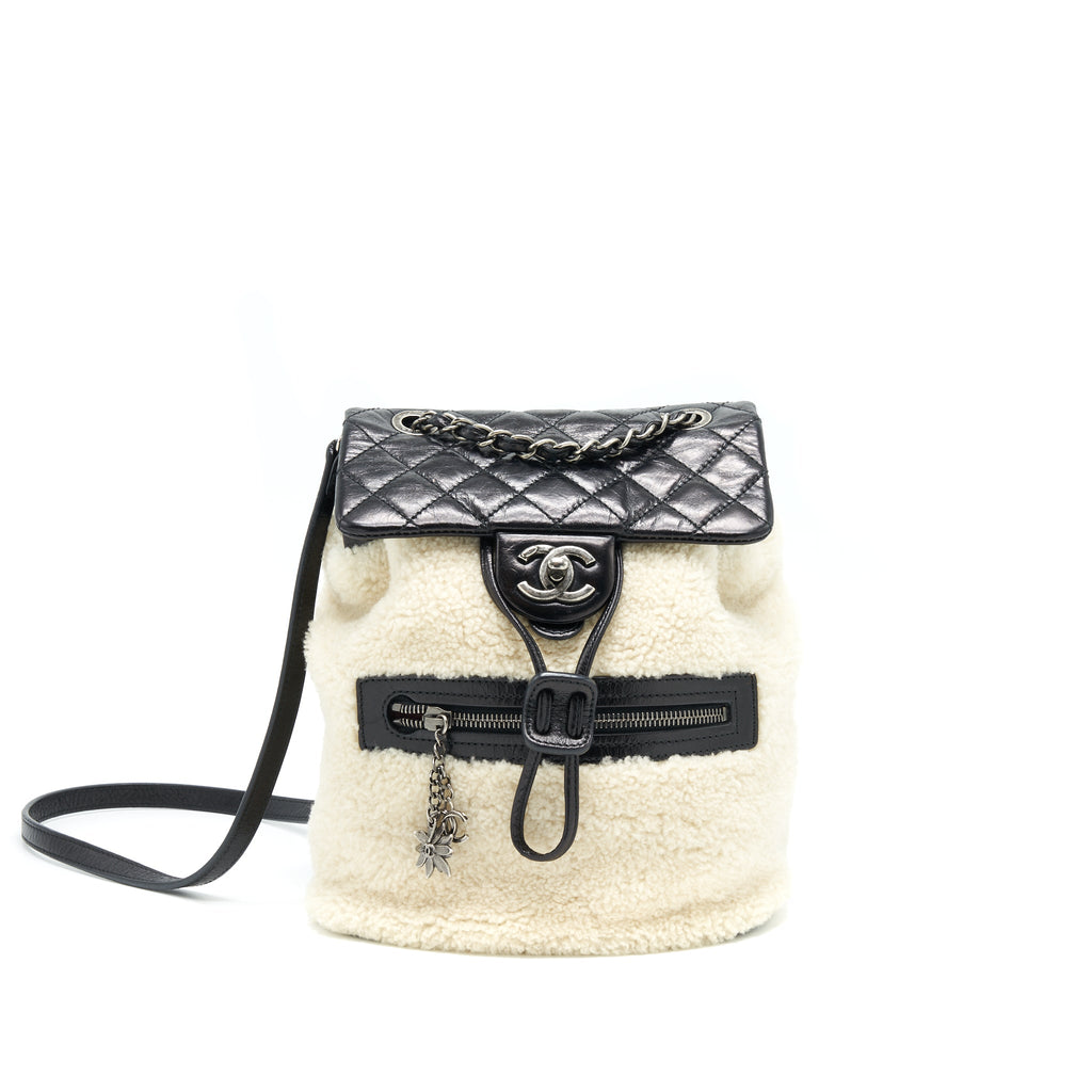 CHANEL MOUNTAIN SMALL BACKPACK SHEARLING WITH QUILTED CALFSKIN RUTHENIUM HARDWARE