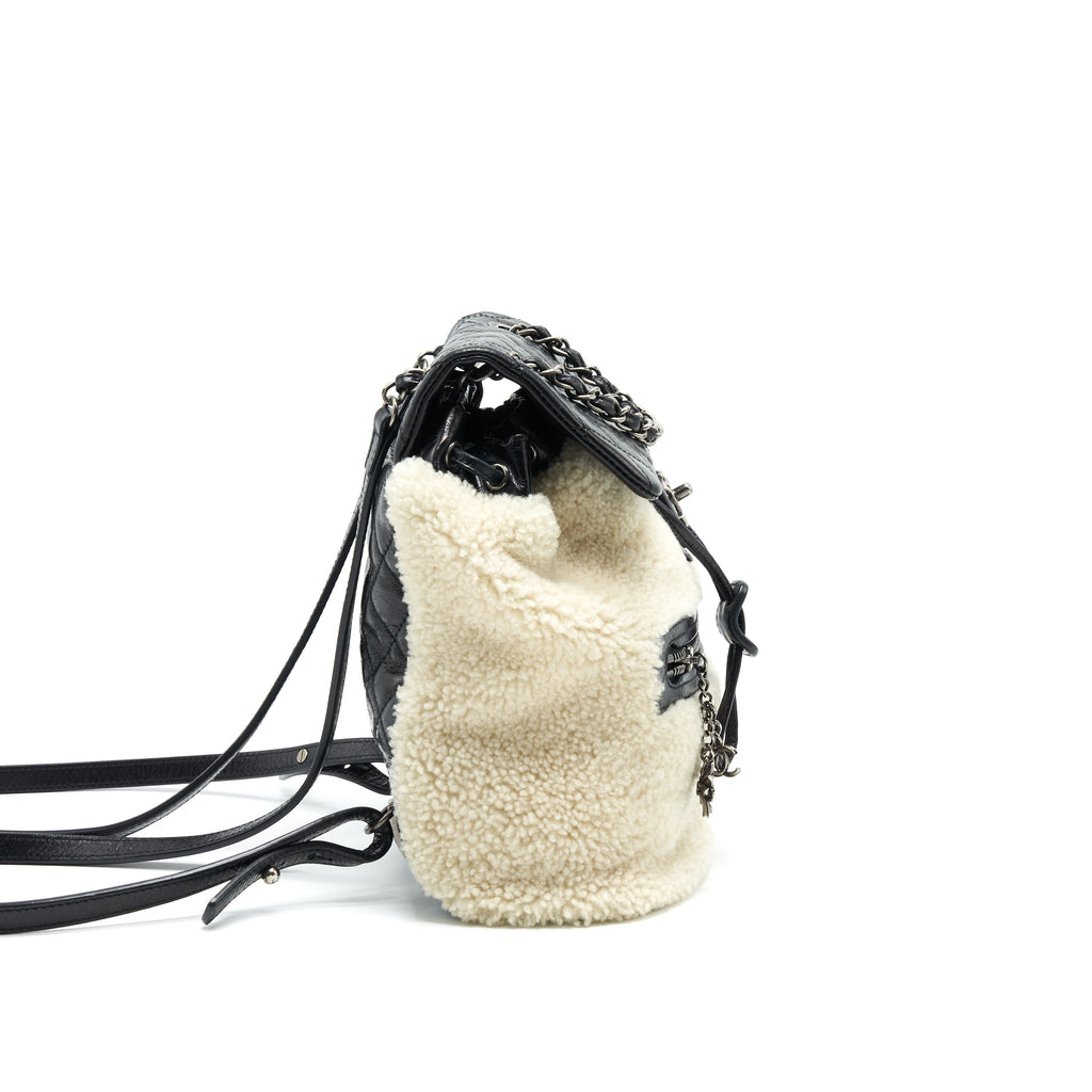 CHANEL MOUNTAIN SMALL BACKPACK SHEARLING WITH QUILTED CALFSKIN RUTHENIUM HARDWARE