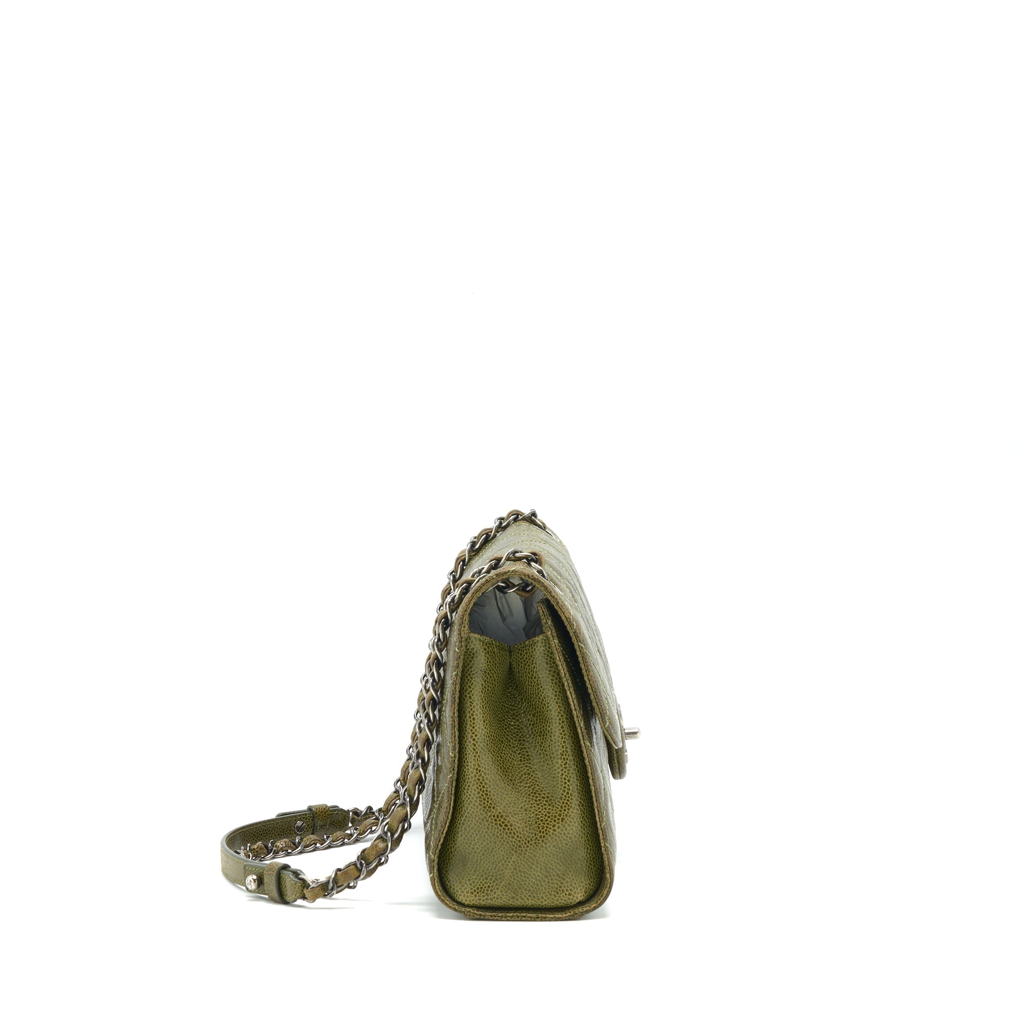 CHANEL QUILTED GRAINED CALFSKIN FLAP BAG OLIVE GREEN RUTHENIUM HARDWARE