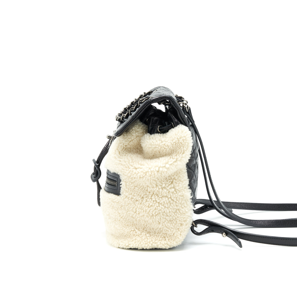 CHANEL MOUNTAIN SMALL BACKPACK SHEARLING WITH QUILTED CALFSKIN RUTHENIUM HARDWARE