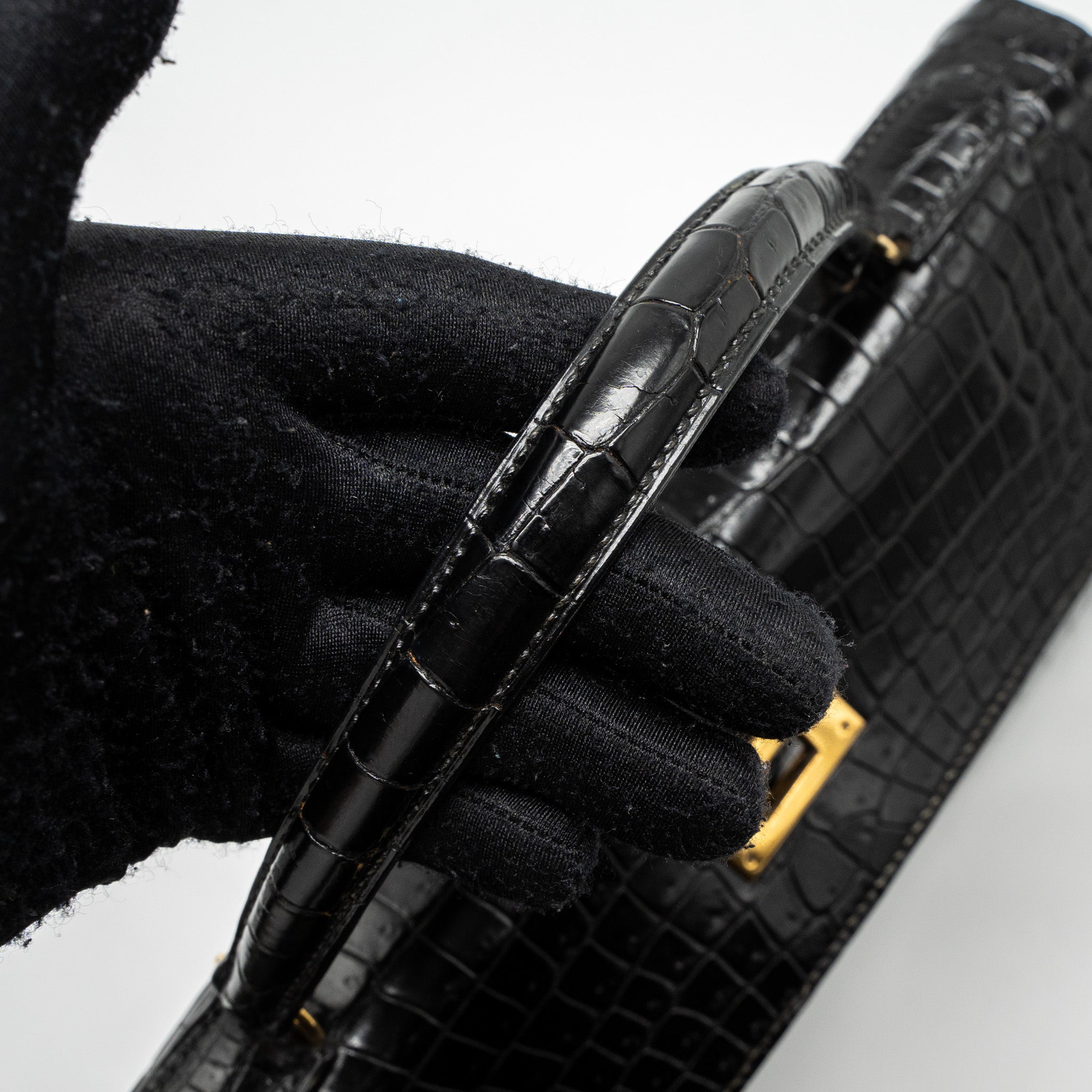 HERMES KELLY 32 SHINY CROCODILE POROSUS BLACK GHW