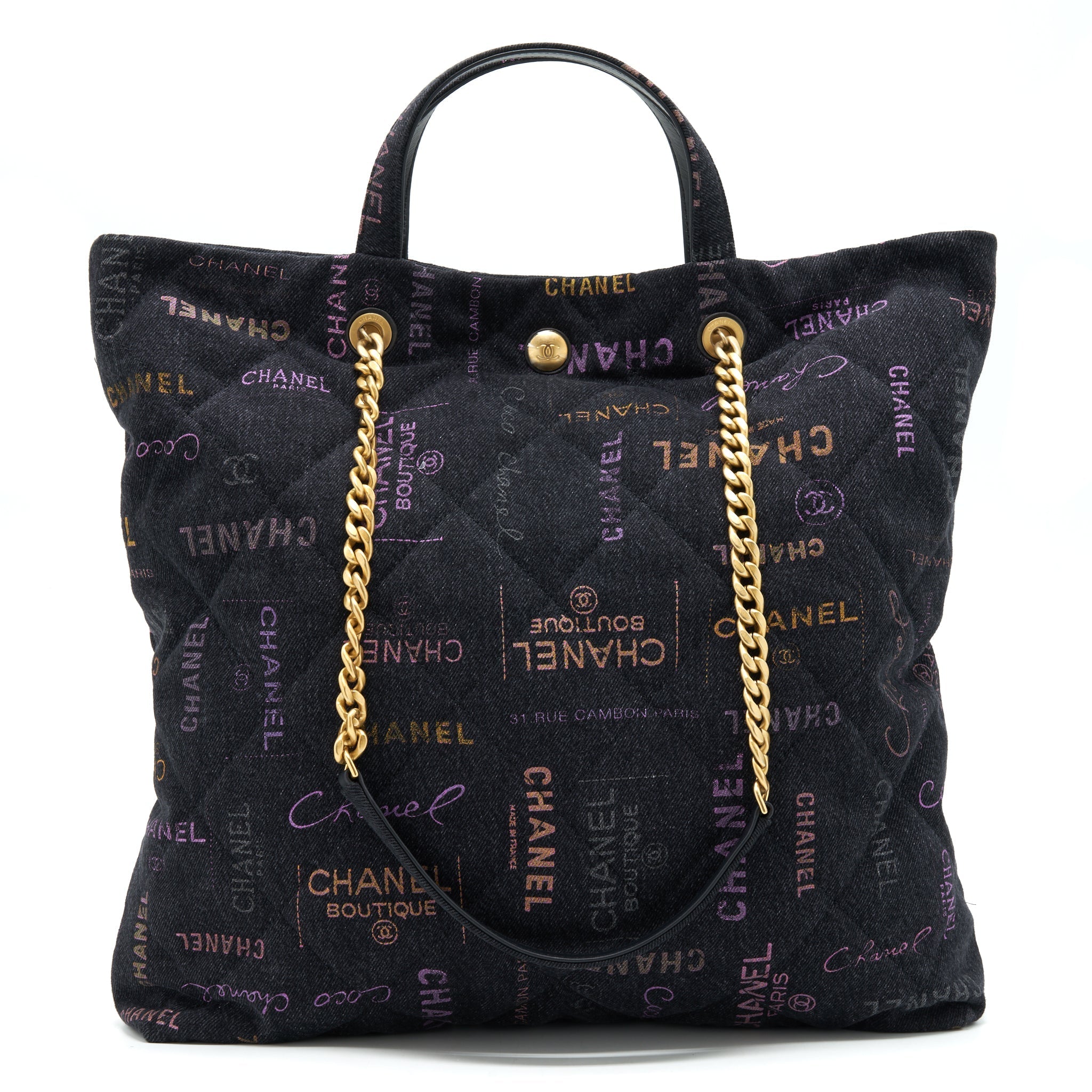 CHANEL 22P PRINTED DENIM MAXI SHOPPING TOTE BAG BLACK/MULTICOLOUR GHW