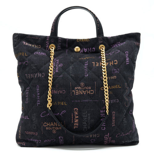 CHANEL 22P PRINTED DENIM MAXI SHOPPING TOTE BAG BLACK/MULTICOLOUR GHW
