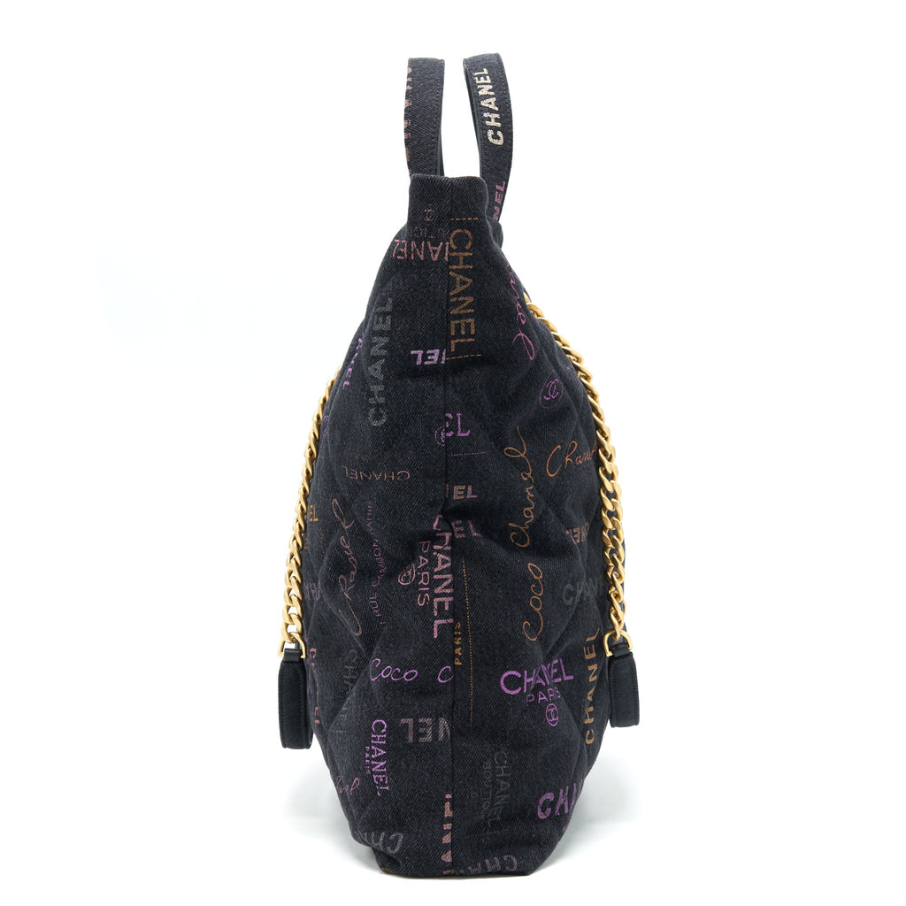 CHANEL 22P PRINTED DENIM MAXI SHOPPING TOTE BAG BLACK/MULTICOLOUR GHW