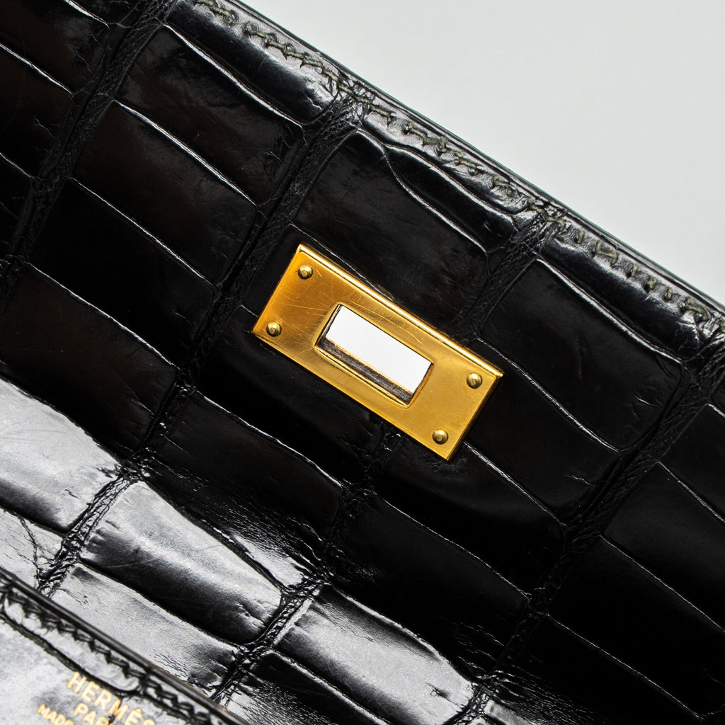 HERMES KELLY 32 SHINY CROCODILE POROSUS BLACK GHW