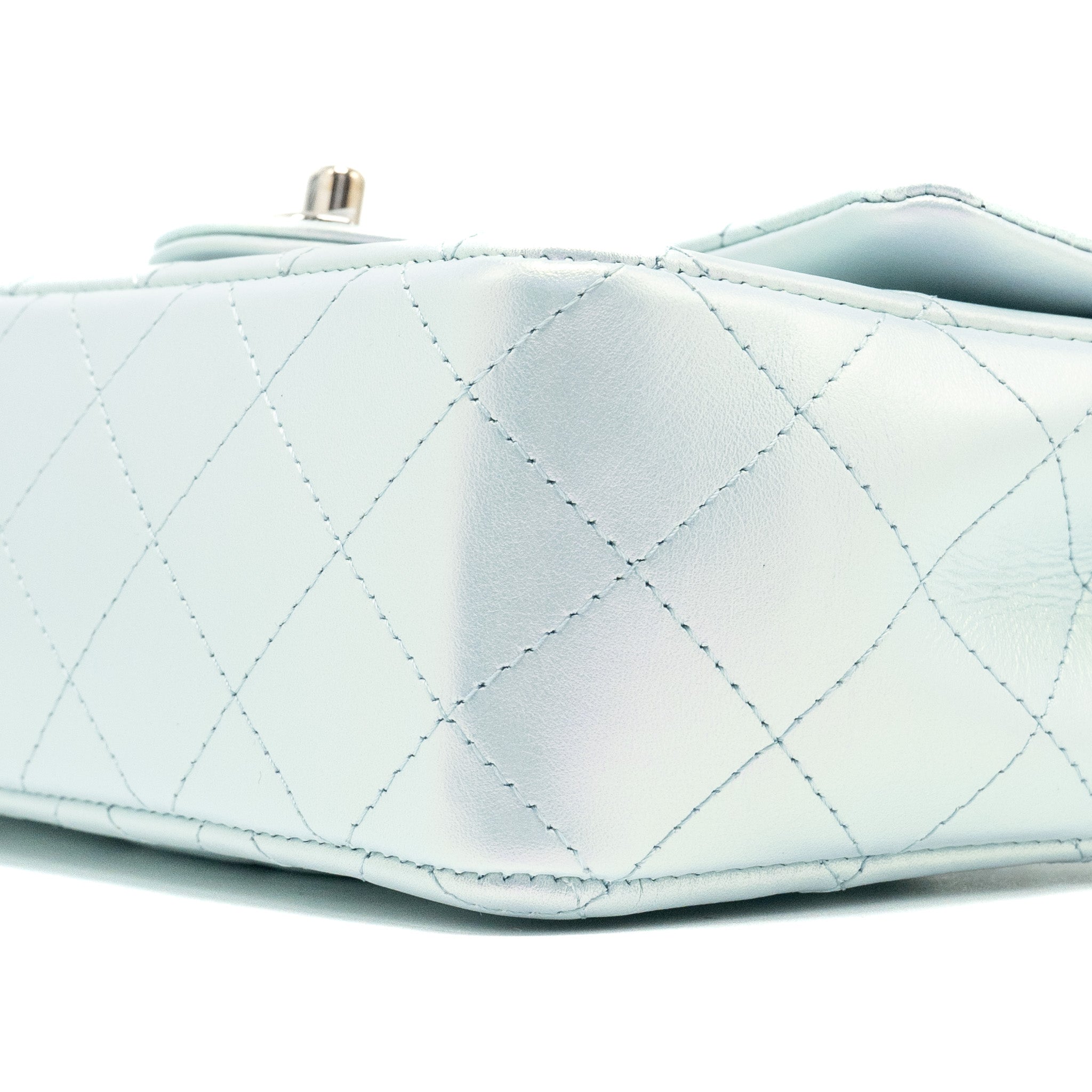 CHANEL 21K MINI RECTANGULAR FLAP BAG CALFSKIN IRIDESCENT LIGHT BLUE SHW (MICROCHIP)