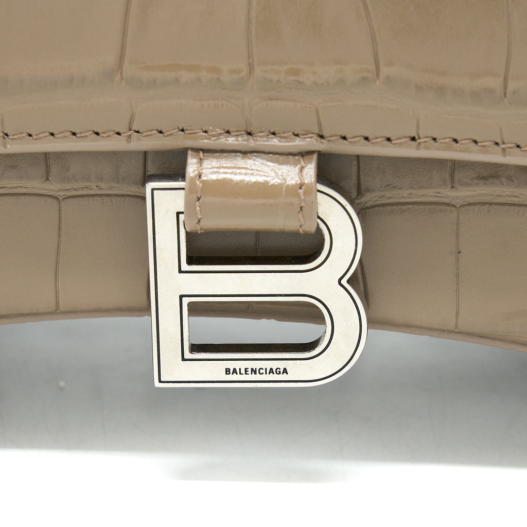BALENCIAGA SMALL HOURGLASS BAG CRO EMBOSSED CALFSKIN DARK BEIGE SHW