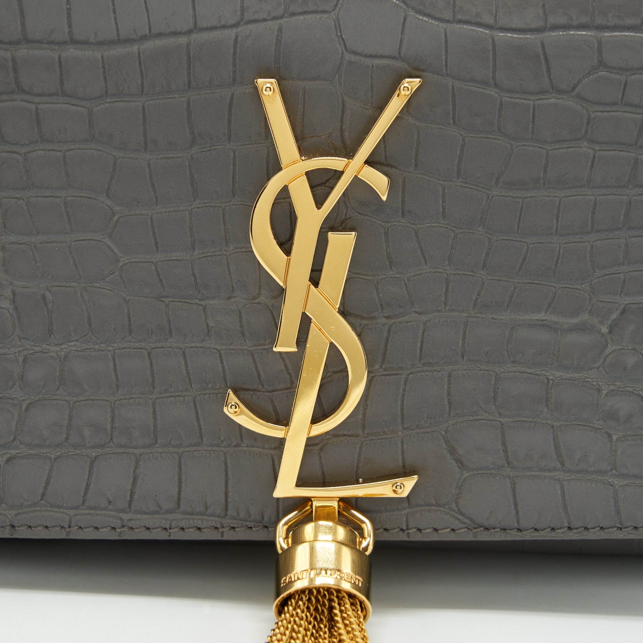 SAINT LAURENT/YSL KATE TASSEL CROC EMBOSSED CALFSKIN GREY GHW